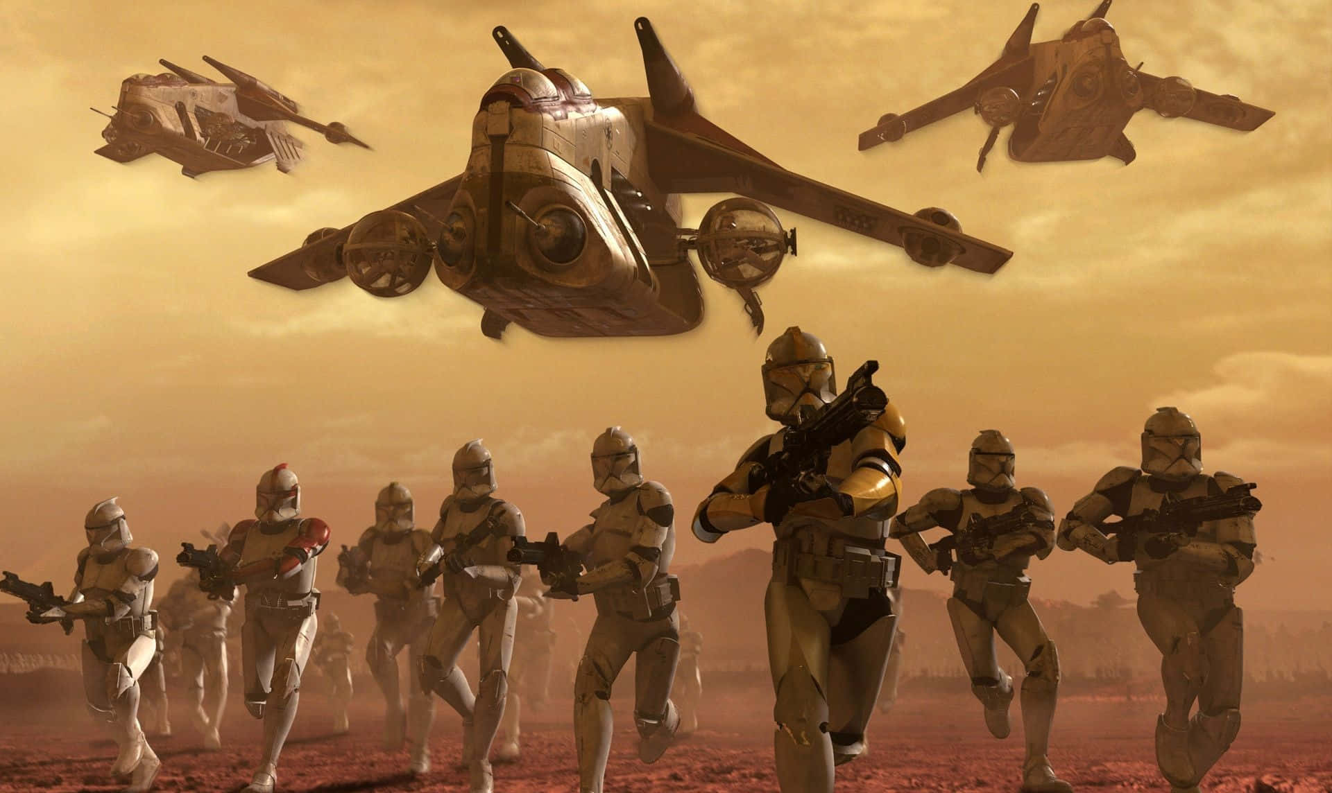 Star Wars Clone Troopers 桌布 壁紙 — 複製人軍隊在塵土飛揚的外星戰場上前進，星際戰機在朦朧的橙色天空下飛過頭頂。
