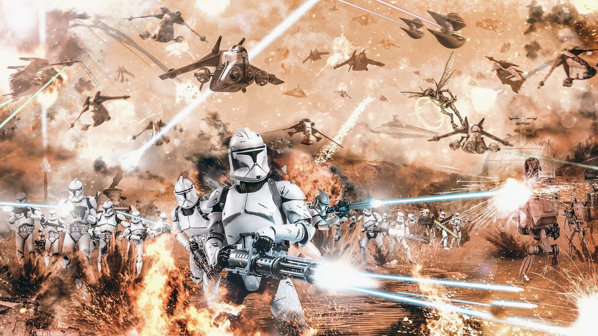 Clone Wars 桌布 壁紙 — 複製人軍隊在爆炸和飛行的星際戰鬥機中發射爆能槍，在塵土飛揚的天空下混亂的戰場上戰鬥。