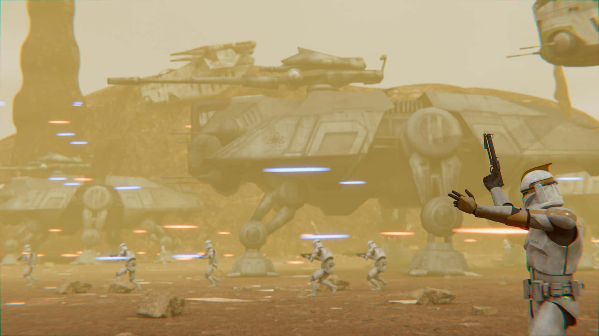 The Battle Of Geonosis 桌布 壁紙 — 複製人部隊在塵土飛揚的外星行星上，於朦朧的橙色天空下與巨大的戰鬥機器人作戰。