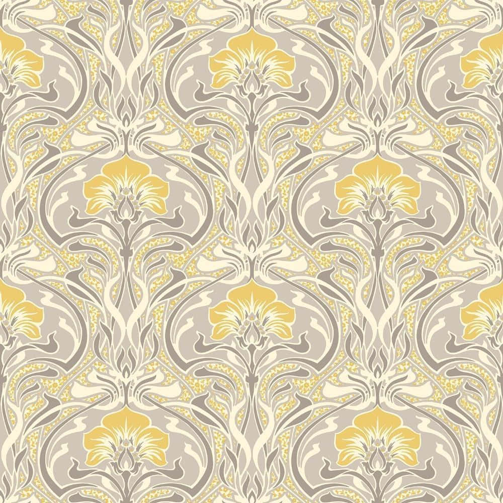 Yellow Pattern 桌布 壁紙 — 複雜的新藝術風格壁紙圖案，在灰色和奶油色背景上重複黃色花卉圖案。