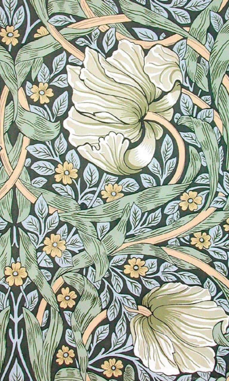 Art Deco iPhone 桌布 壁紙 — 複雜的花卉壁紙圖案，帶有大的奶油色花朵、小的黃色花朵和深色背景上的綠葉。