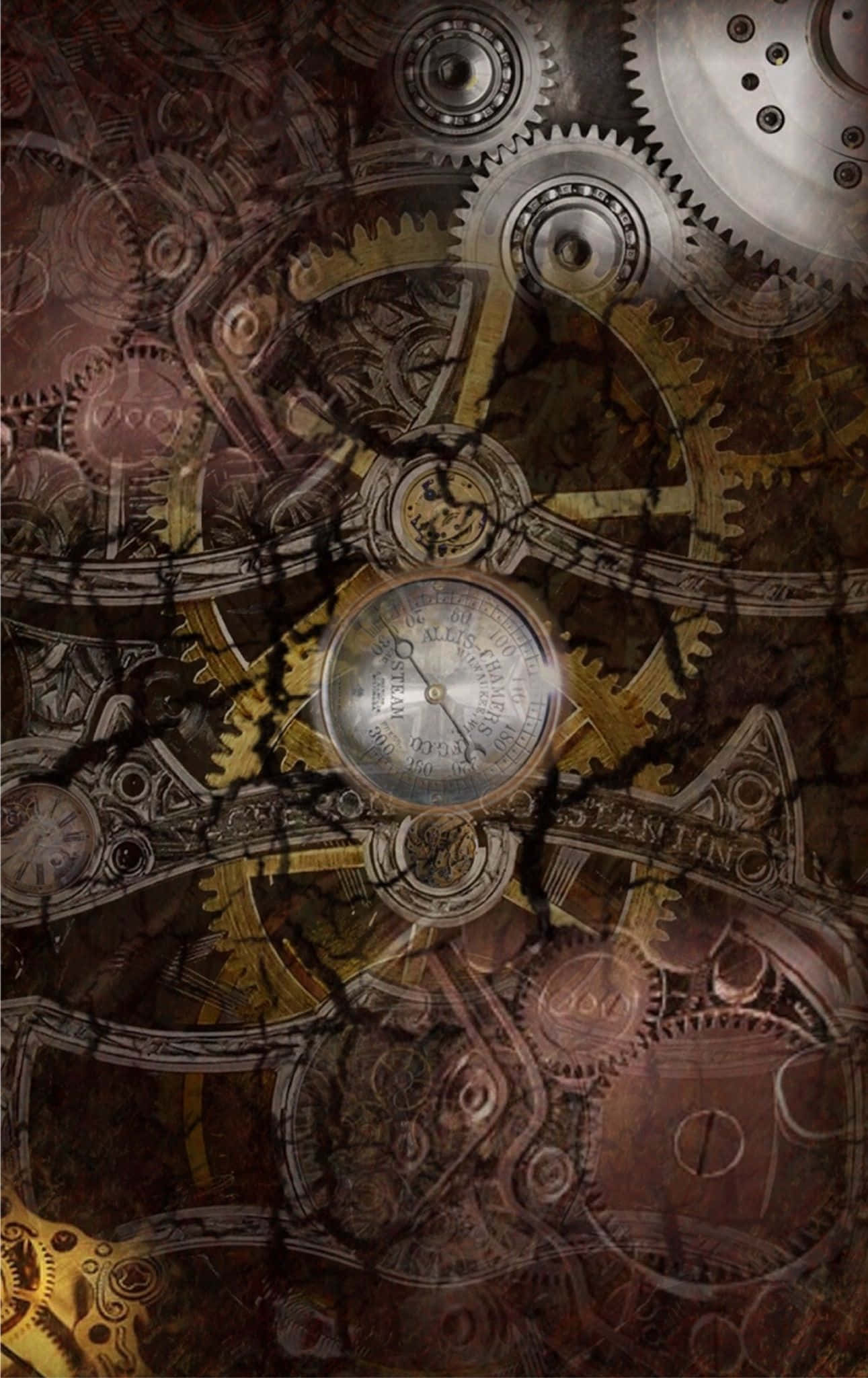 Dark Steampunk 桌布 壁紙 — 複雜的蒸氣龐克壁紙，具有互鎖的黃銅和銅齒輪、中央指南針和裂紋疊加紋理。