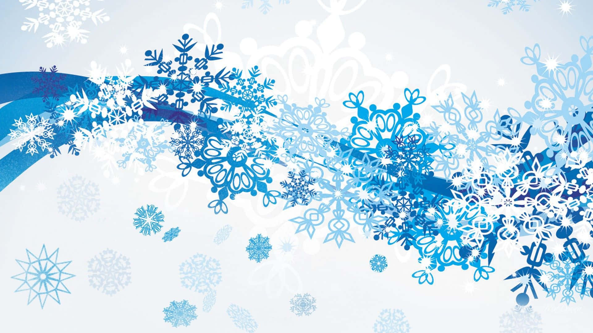 High Resolution Snow 桌布 壁紙 — 複雜的藍色和白色雪花形成流動的波浪，在柔軟的冰背景上舞動。
