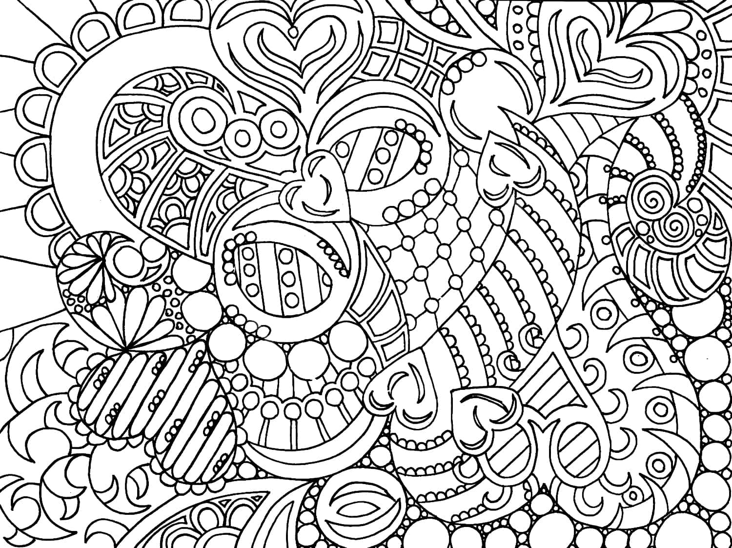 Cartoon Colouring 桌布 壁紙 — 複雜的黑白線條藝術圖案，帶有旋轉的曼陀羅形狀和心形圖案，適合著色。
