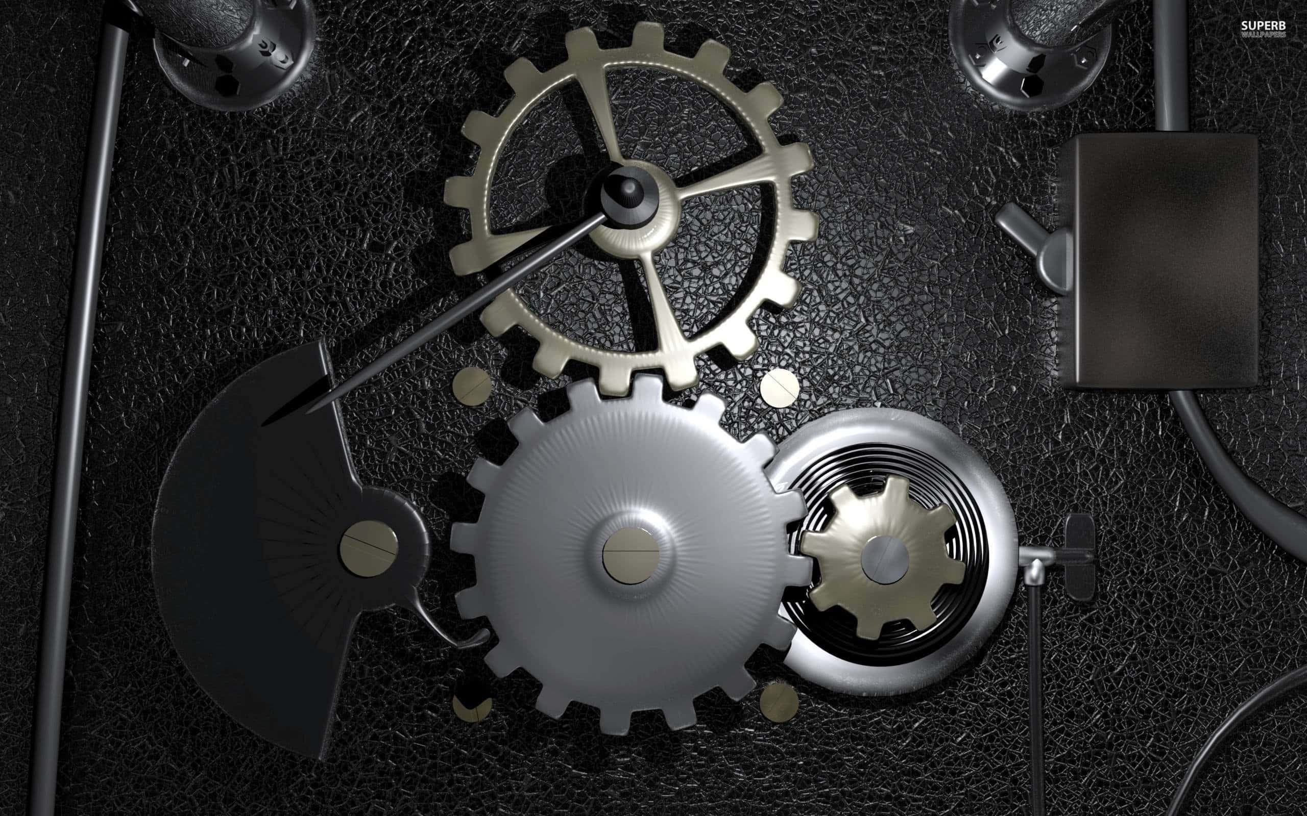 Mechanical Engineering 桌布 壁紙 — 複雜金屬齒輪和機械零件在深色紋理表面上的特寫。