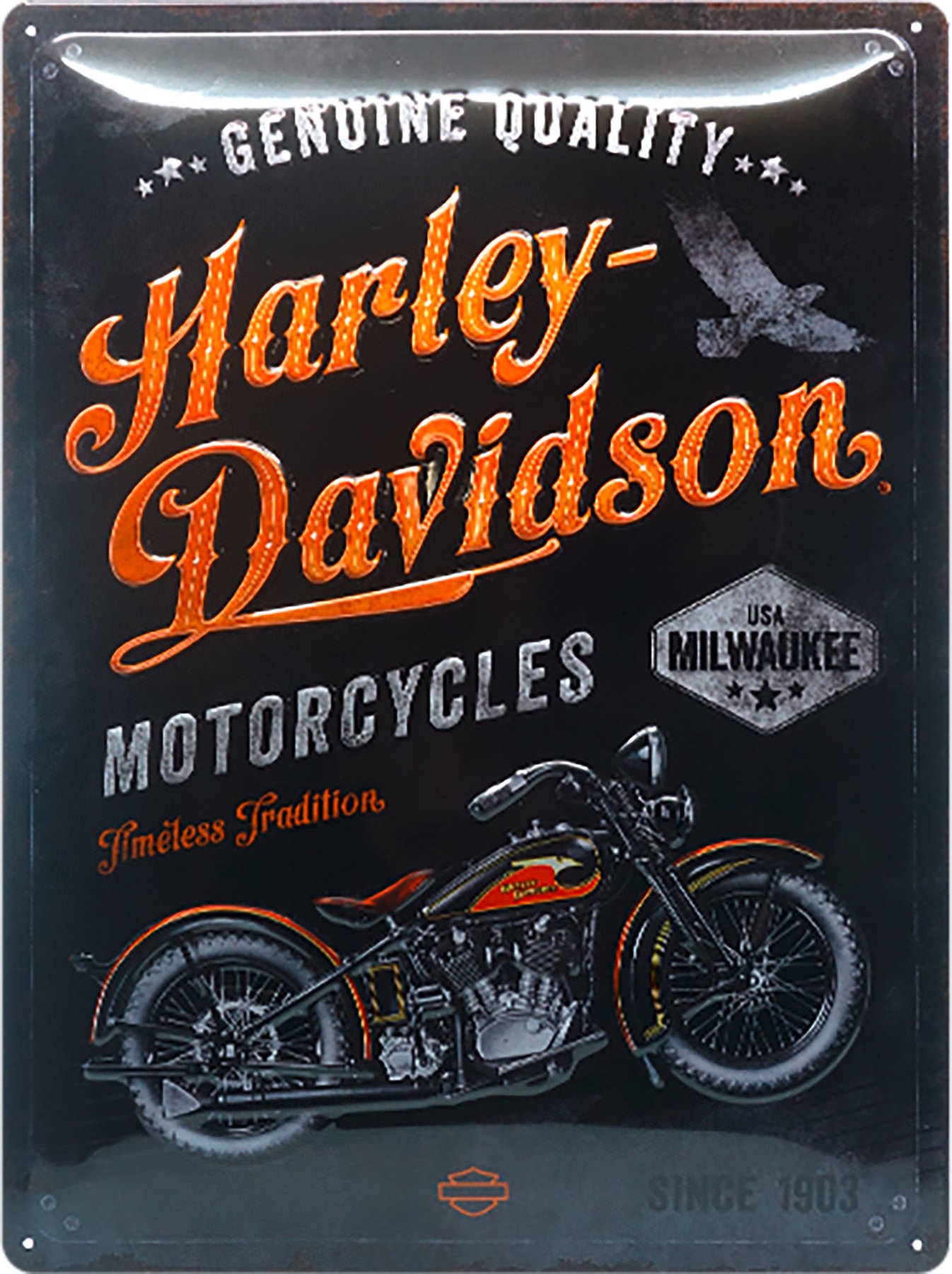 Harley 桌布 壁紙 — 褪色金屬標誌上的復古哈雷機車廣告，帶有橙色字體和一隻飛翔的鷹。