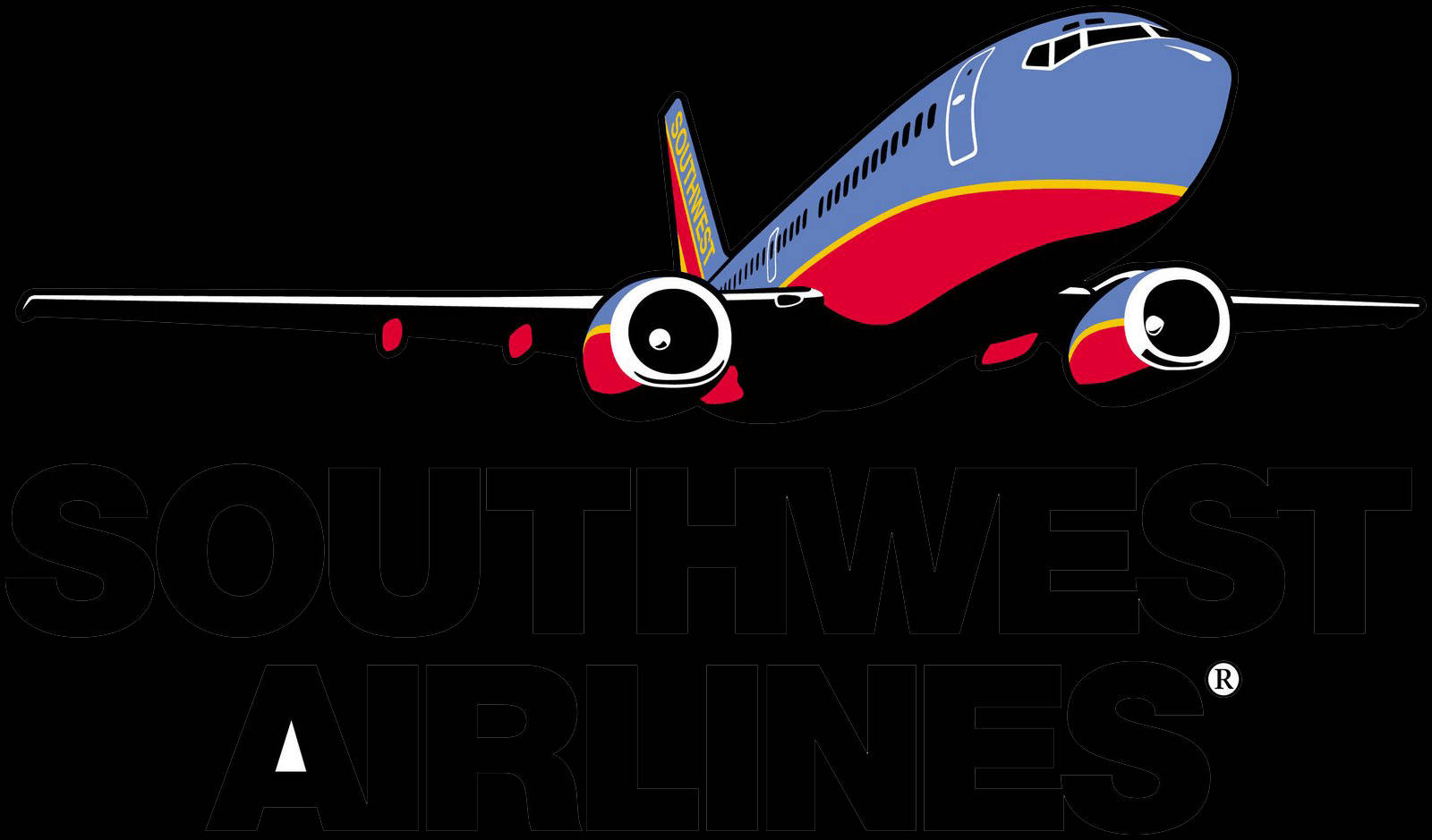 飛機 桌布 壁紙 — 西南航空飛機標誌，以藍、紅、黃色風格化設計，置於黑色背景上，帶有模糊文字。