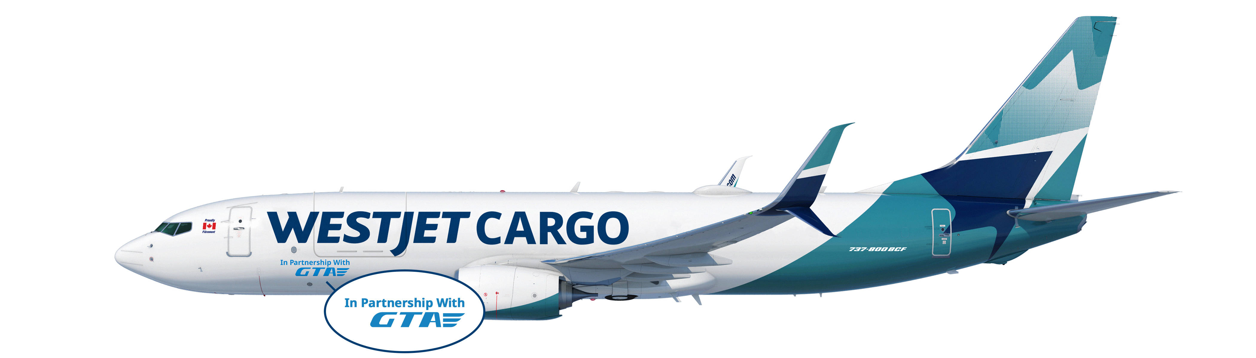 flying 桌布 壁紙 — 西捷航空貨運波音767貨機，青綠色和白色塗裝，側面展示在乾淨的白色背景上。