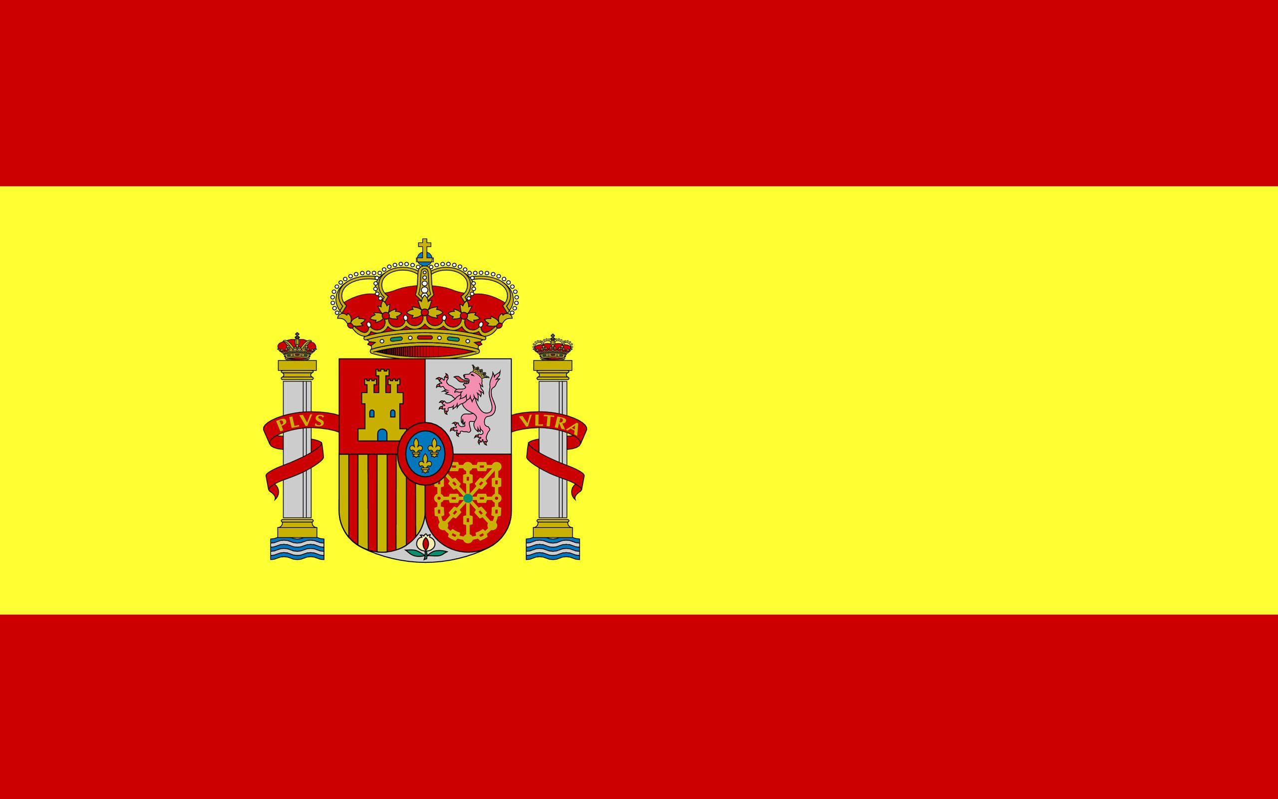 Spain Flag 桌布 壁紙 — 西班牙國旗，帶有紅色和黃色橫條，中央有包含皇冠和柱子的盾徽。