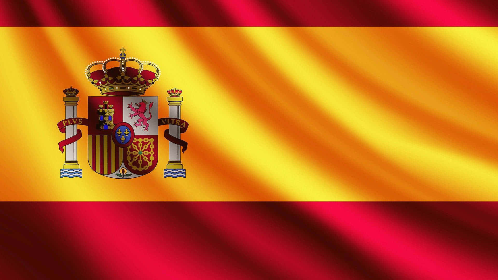 Spanish 桌布 壁紙 — 西班牙國旗動態飄揚，帶有濃郁的紅色和金色條紋，中央突出展示詳細的國徽。