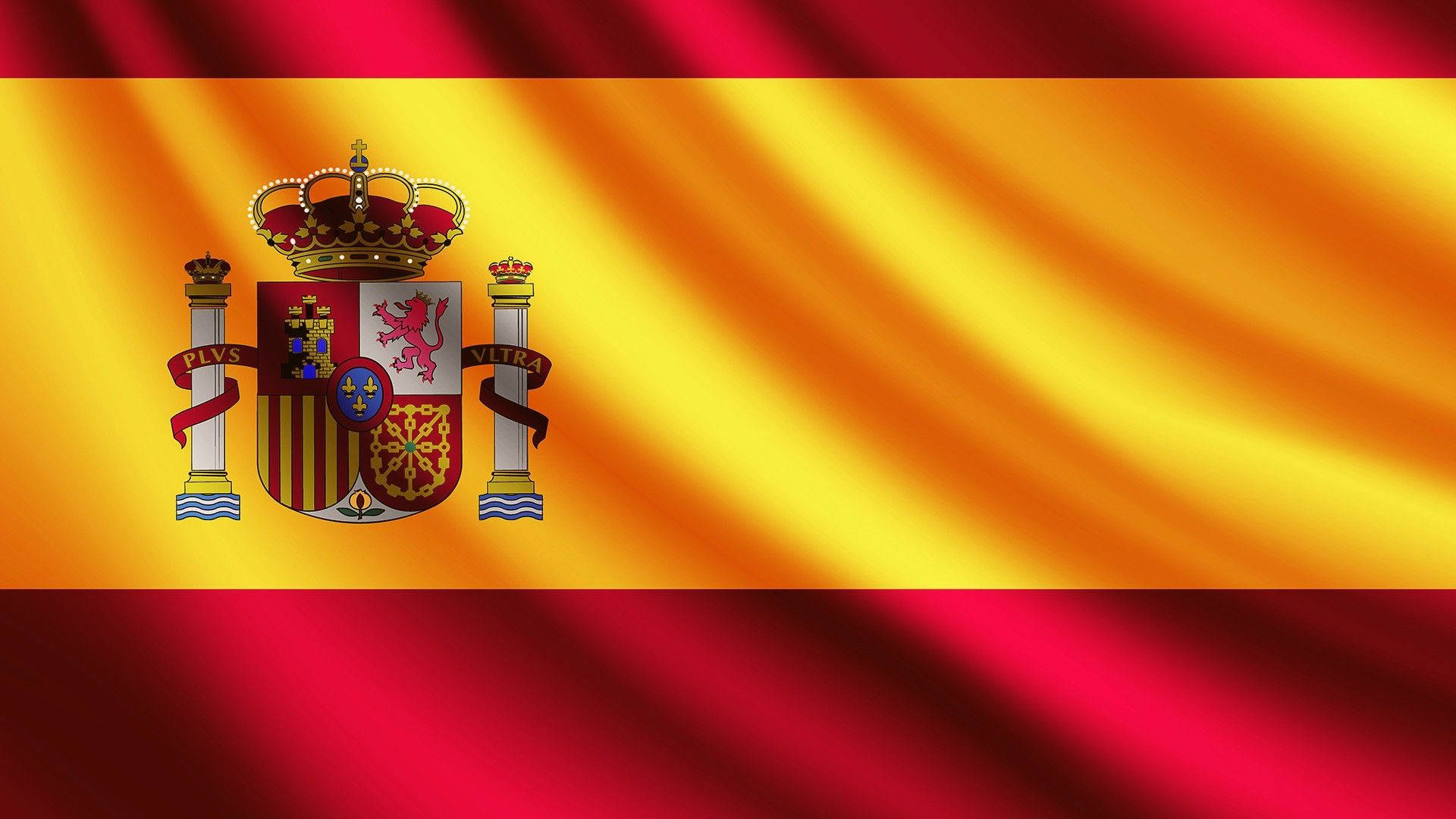 Spain Flag 桌布 壁紙 — 西班牙國旗動態飄揚，帶有鮮明的紅色和金色條紋，以及居中突出的詳細國徽。