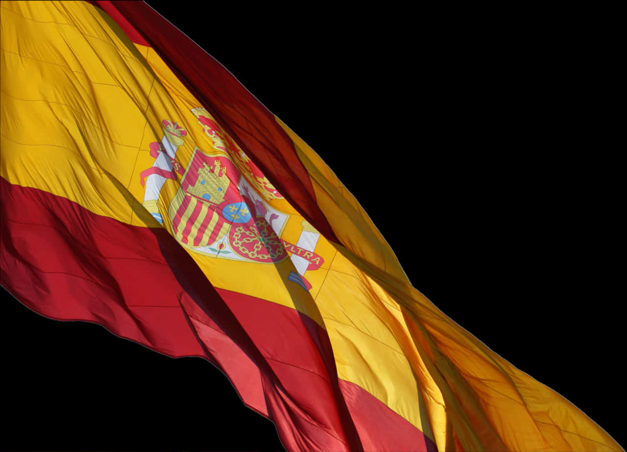 Spanish 桌布 壁紙 — 西班牙國旗在純黑色背景上動態飄揚，突顯其大膽的紅色、黃色和金色。