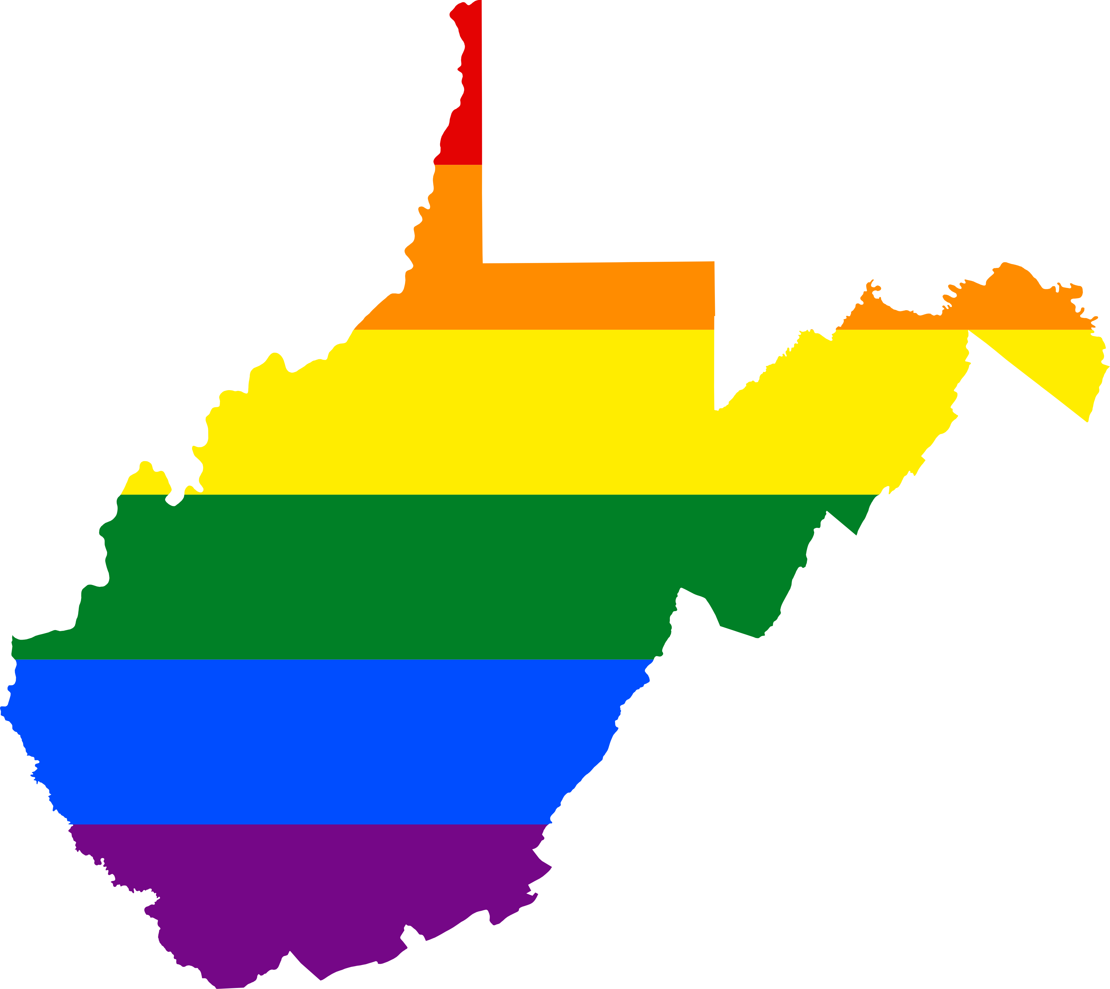 LGBT 桌布 壁紙 — 西維吉尼亞州的剪影，在黑色背景上填滿水平彩虹條紋。