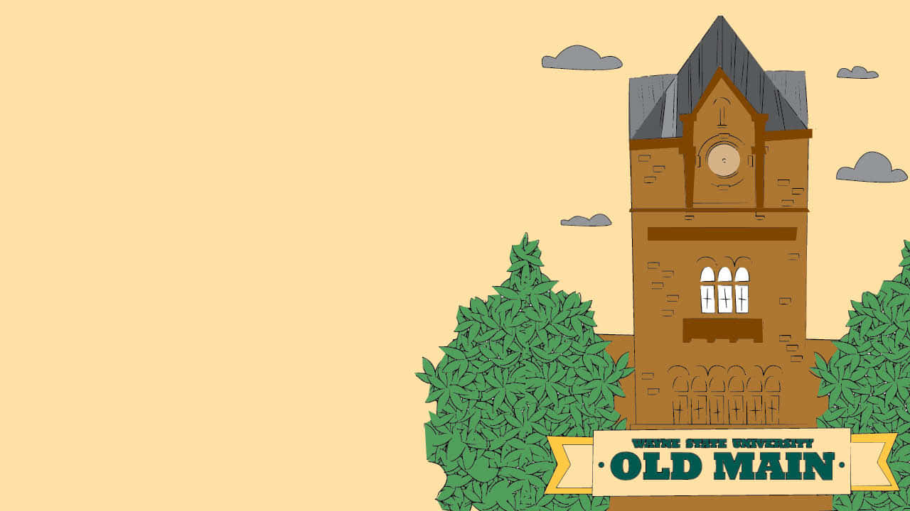 藝術 桌布 壁紙 — 西部州立大學的插圖鐘樓，標有「Old Main」，被綠樹環繞，天空淡黃帶灰雲。