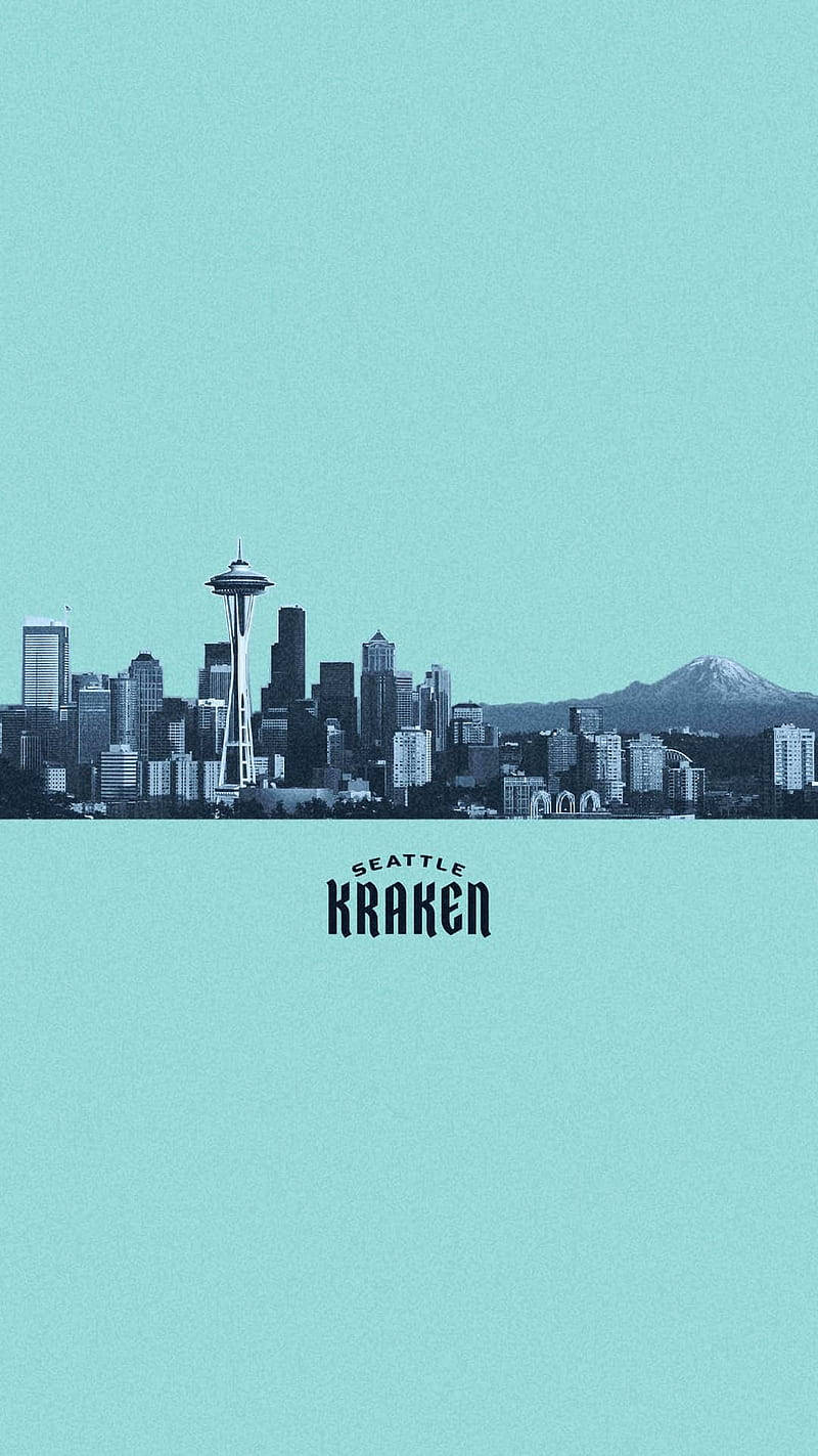 seattle iPhone 桌布 壁紙 — 西雅圖天際線，包括太空針塔和積雪山脈，在青綠色天空下，帶有「Seattle Kraken」標誌。