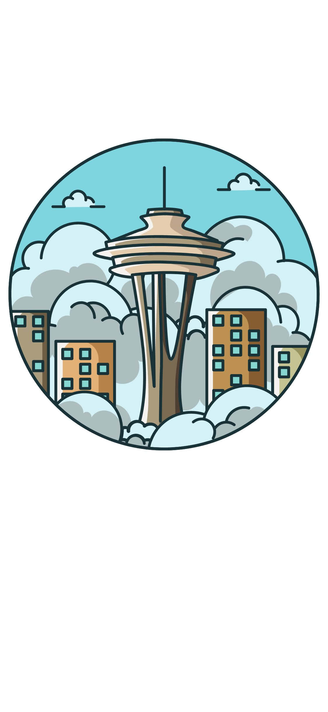 iPhone X Seattle 桌布 壁紙 — 西雅圖天際線中，太空針塔在雲層上方升起，周圍有橙色建築物的圓形卡通插圖。