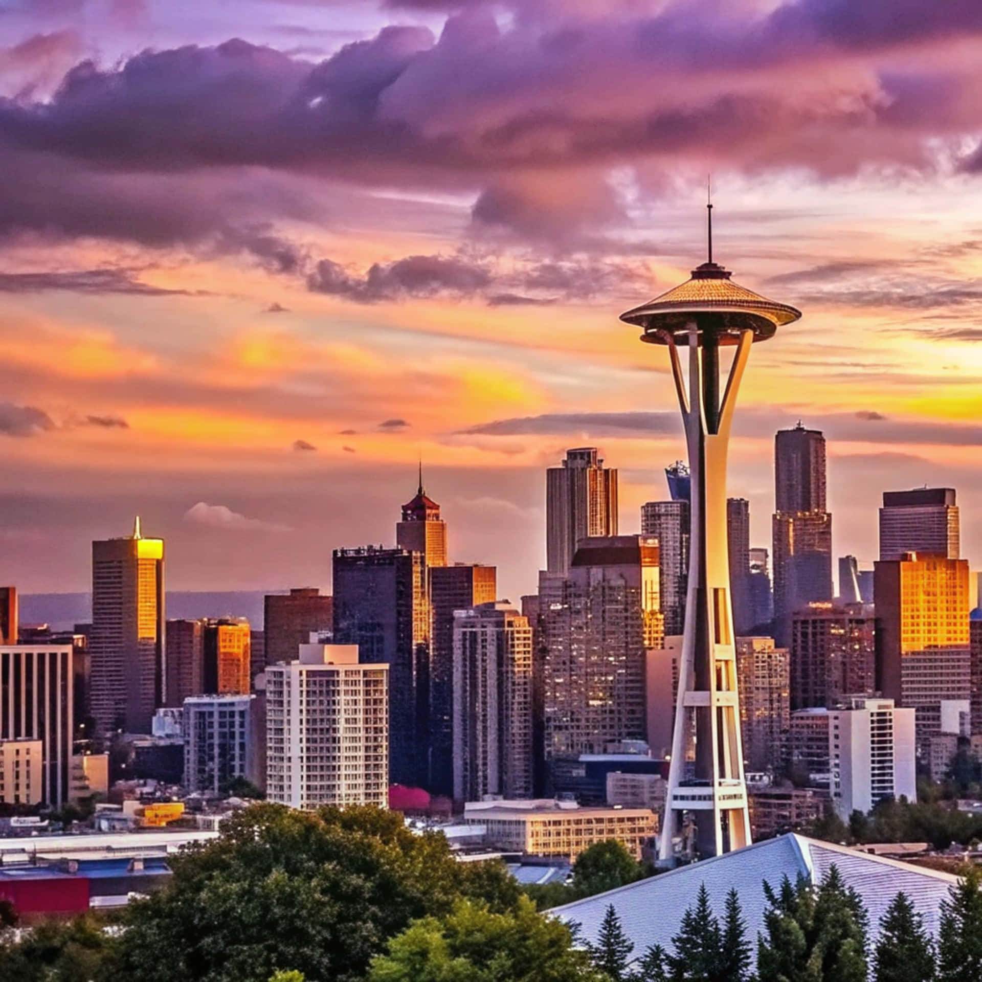 Seattle Skyline 壁紙 — 西雅圖天際線在日落時分，太空針塔在紫色橙色雲層下高聳於玻璃摩天大樓之上。