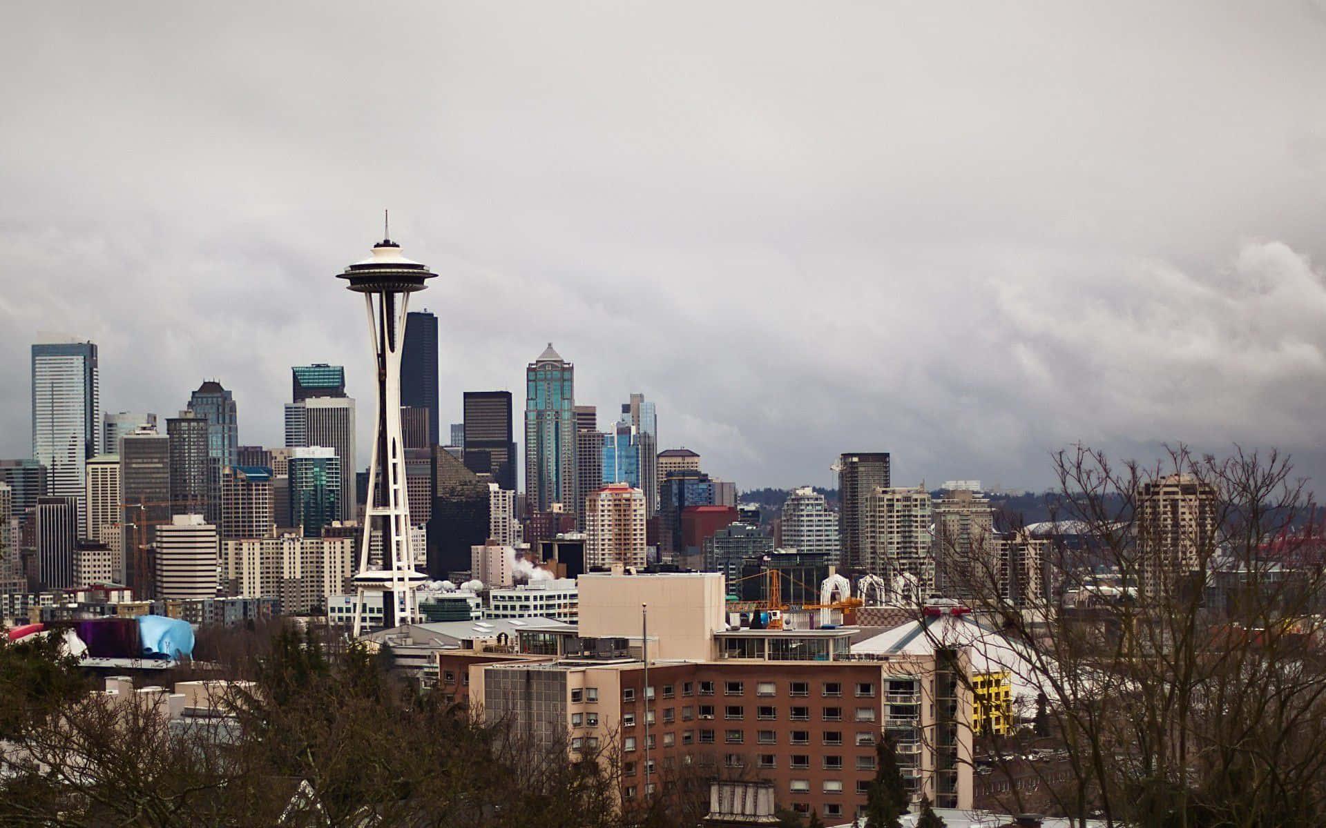 Seattle Washington 桌布 壁紙 — 西雅圖天際線在陰天之下，太空針塔聳立於現代玻璃摩天大樓和光禿的冬季樹木之上。