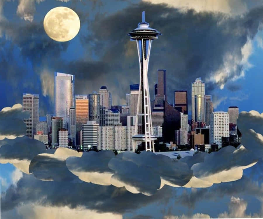 Seattle At Night 桌布 壁紙 — 西雅圖天際線漂浮在蓬鬆雲朵之上，下方是發光的滿月，上方有戲劇性的烏雲。