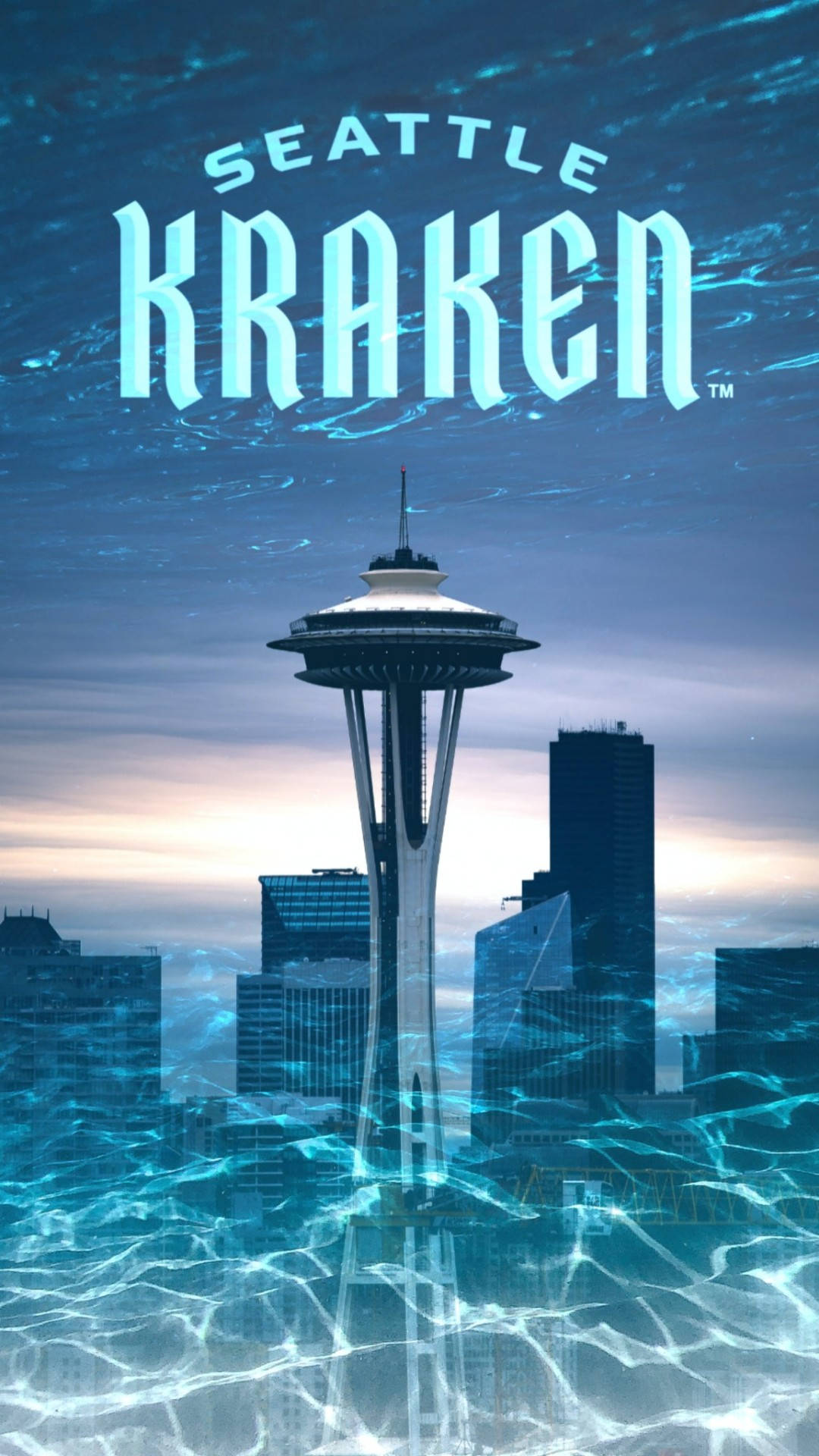Kraken 桌布 壁紙 — 西雅圖太空針塔從發光的藍色水中浮現，上方有「Seattle Kraken」文字，呈現超現實的水中城市景觀。