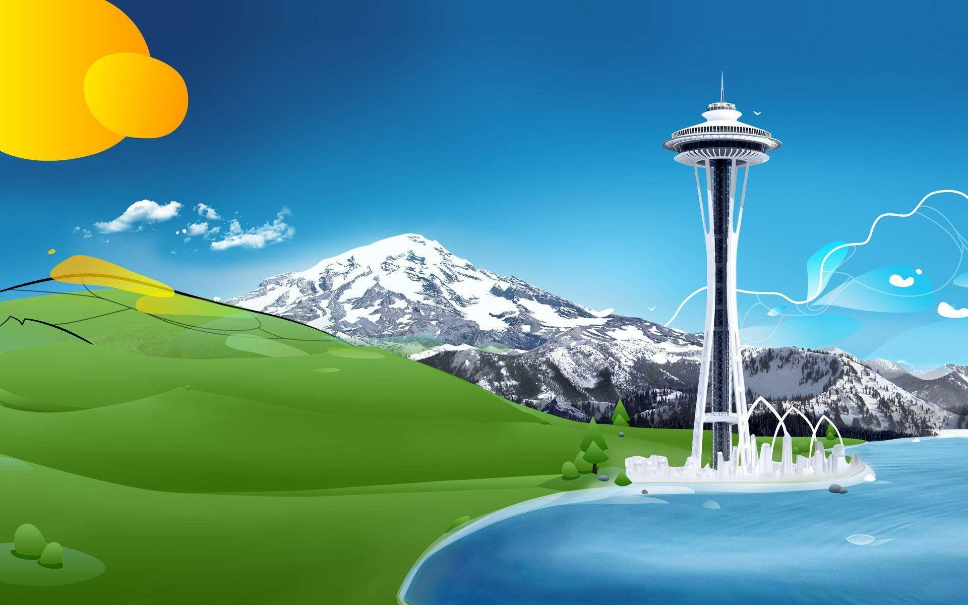 Space Needle 桌布 壁紙 — 西雅圖太空針塔的風格化插圖，背景有積雪山脈、綠色山丘和明亮的藍天。