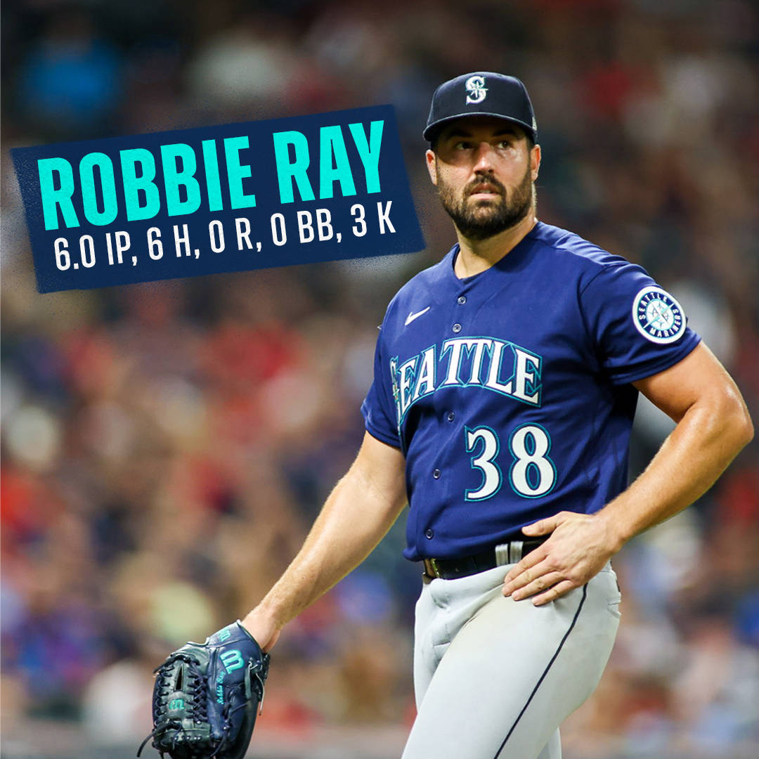 運動 桌布 壁紙 — 西雅圖水手隊投手Robbie Ray自信地穿著藍色制服，戴著手套，並疊加了比賽數據。