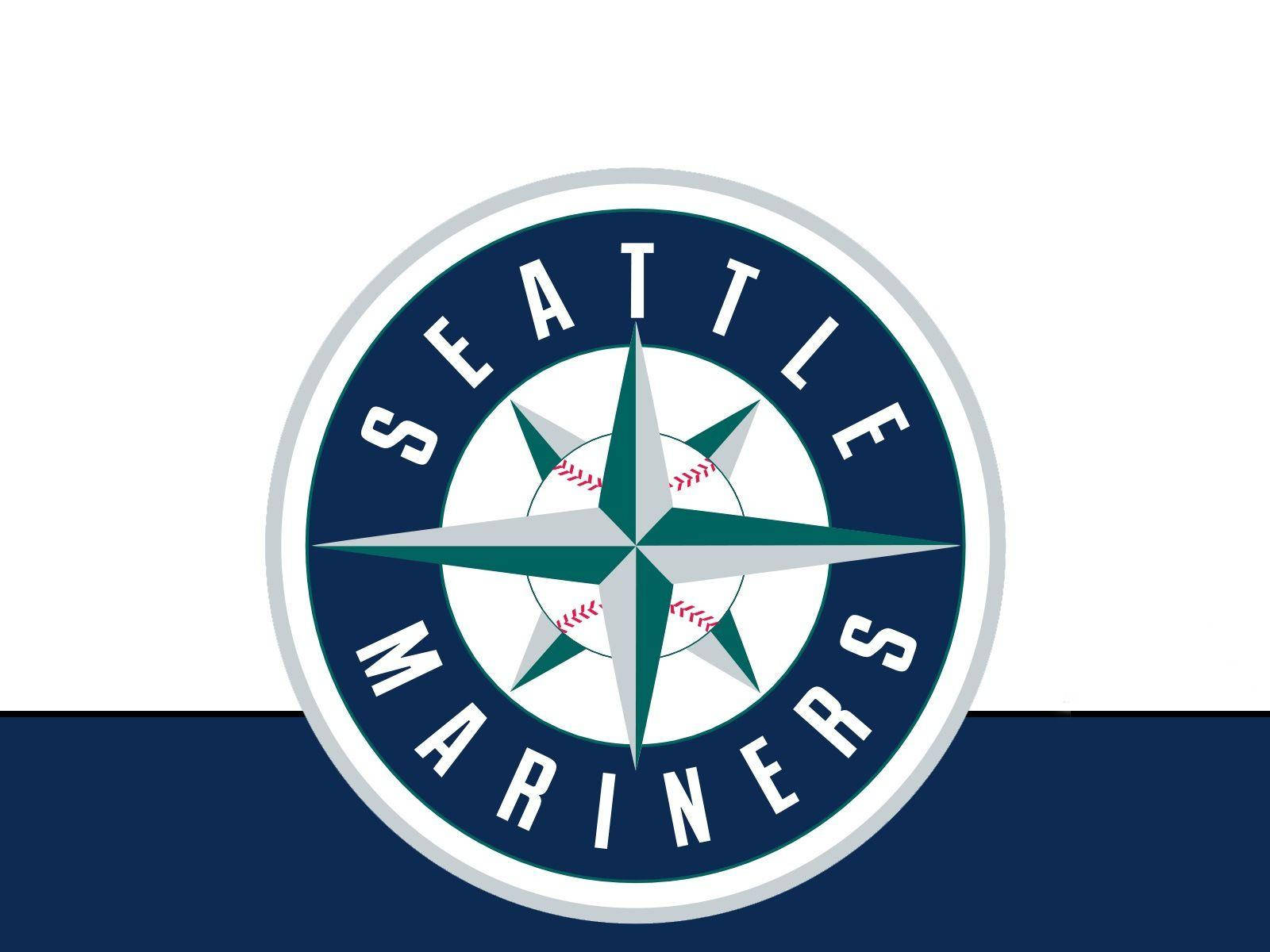 Mariners 桌布 壁紙 — 西雅圖水手隊棒球標誌，帶有指南針玫瑰和棒球縫線，背景為海軍藍和白色。