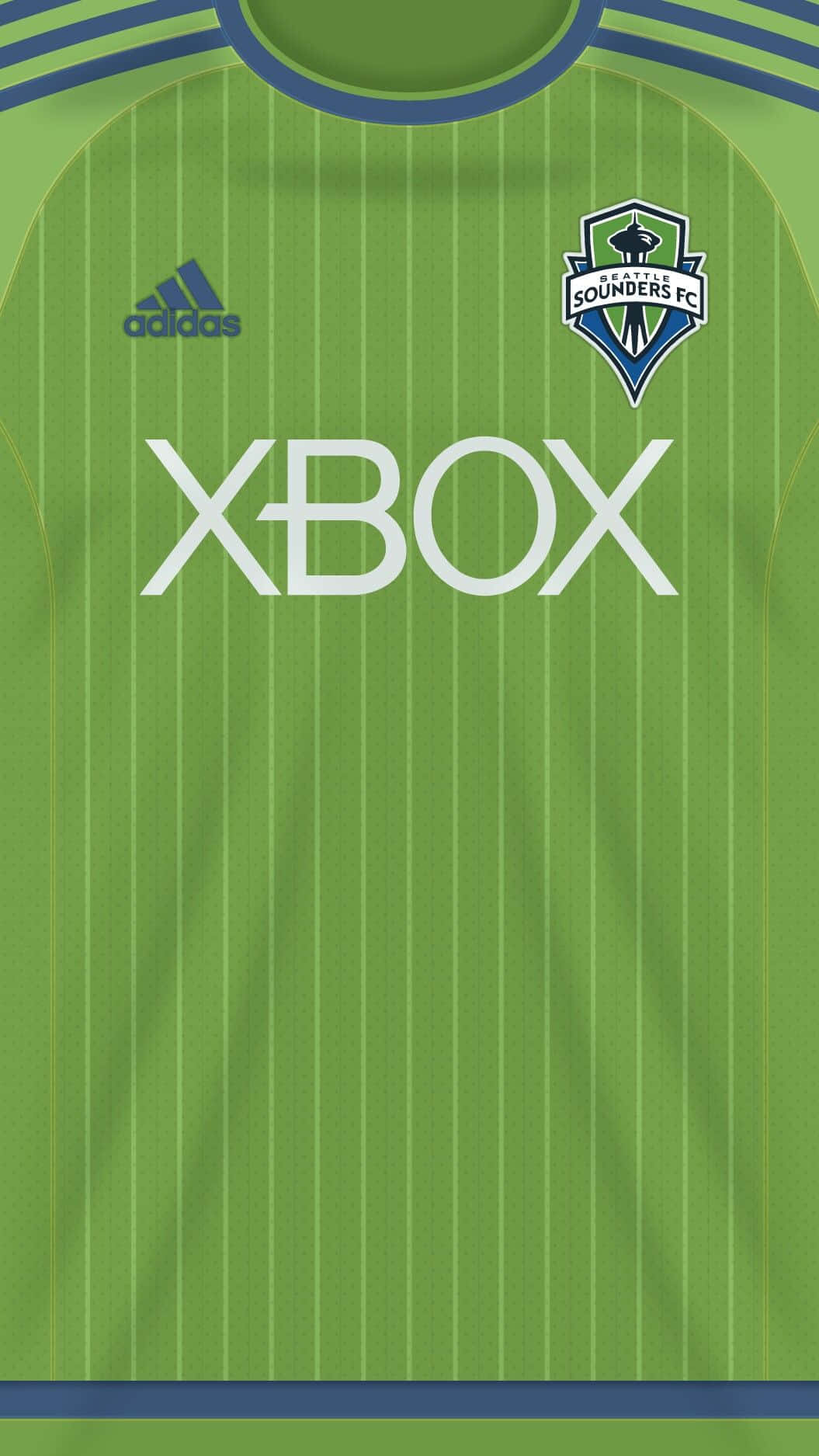 Xbox 桌布 壁紙 — 西雅圖海灣者FC足球球衣特寫，鮮綠色，垂直條紋，Xbox贊助商標誌。