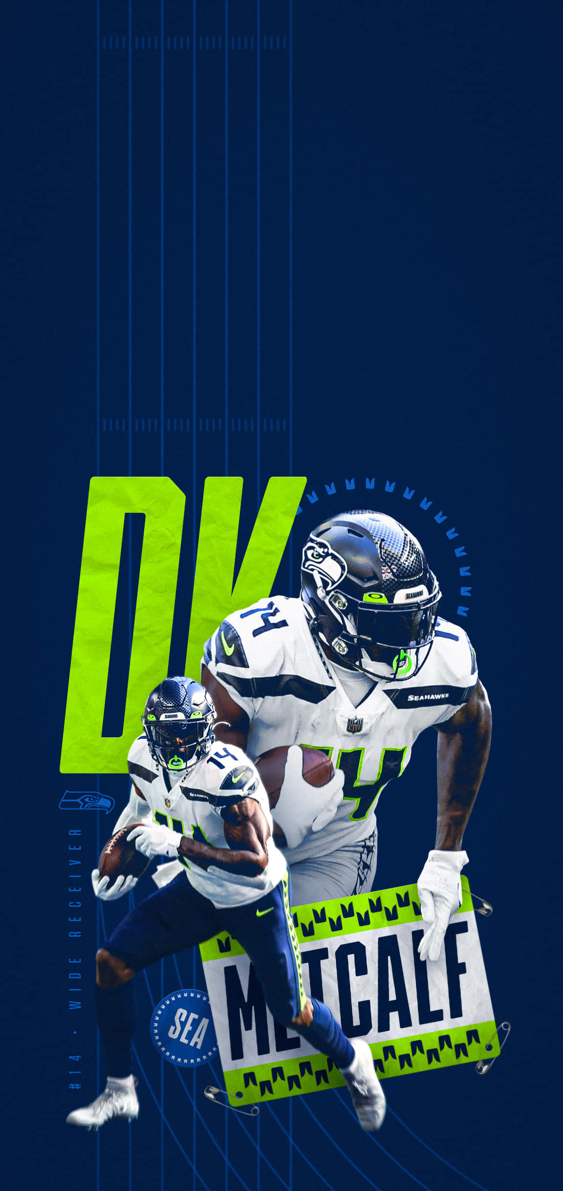 NFL 桌布 壁紙 — 西雅圖海鷹隊球員DK梅特卡夫以動態動作姿勢呈現，帶有螢光綠色點綴，背景為深藍色。