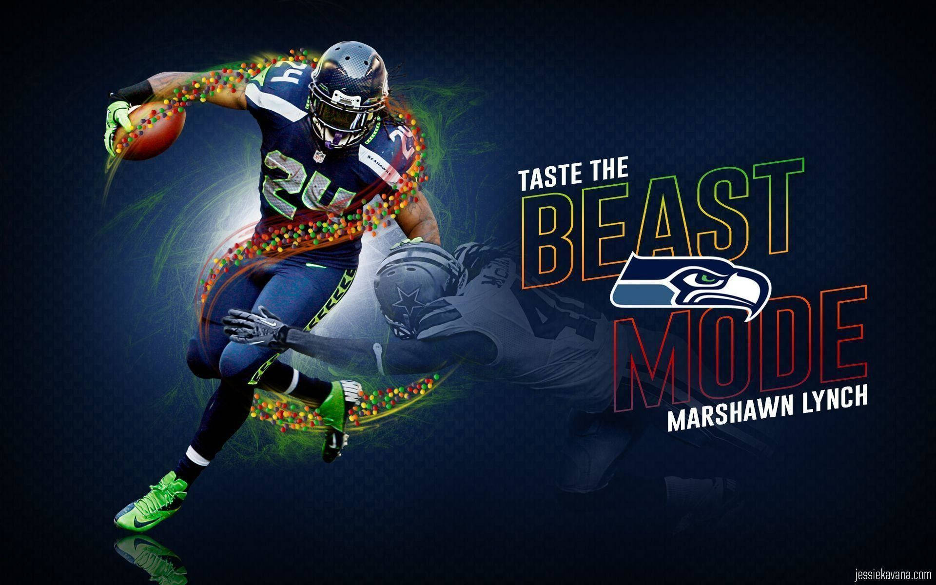 Seattle Seahawks 桌布 壁紙 — 西雅圖海鷹隊美式足球員在行動中，帶有發光的能量軌跡和「Taste the Beast Mode」文字。