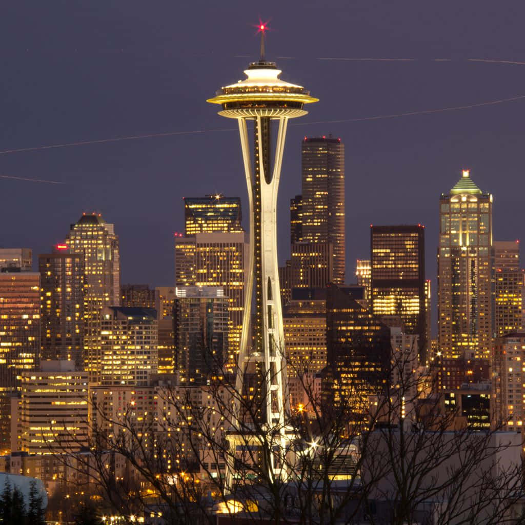 Washington 桌布 壁紙 — 西雅圖的太空針塔在暮色天空中閃耀，城市燈光照亮下方的都市天際線。