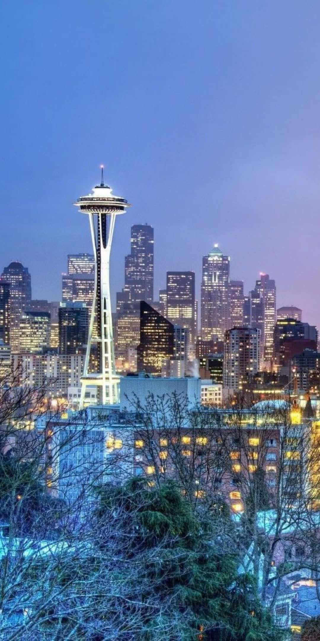 Pixel 3 Seattle 桌布 壁紙 — 西雅圖黃昏天際線，太空針塔在深藍色天空下亮起，前景有光禿的樹木。