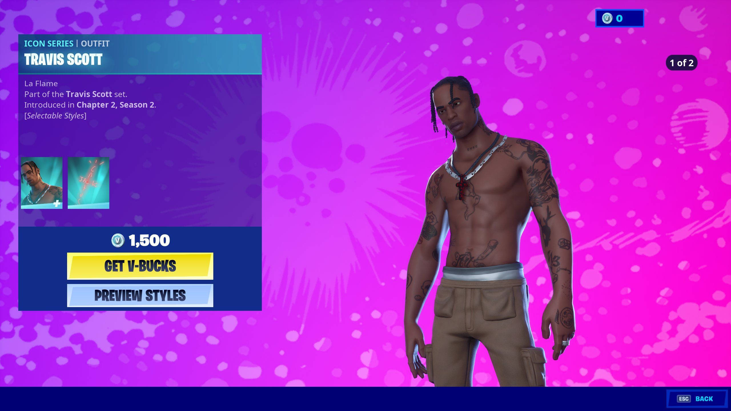 Travis Scott Fortnite 桌布 壁紙 — 《要塞英雄》中 Travis Scott 的頭像，帶有刺青和鏈條項鍊，背景是充滿活力的紫色和粉紅色潑濺效果。