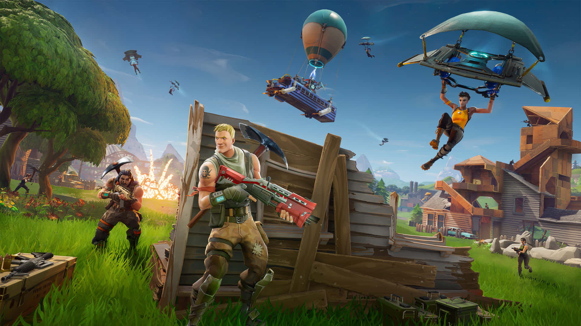 Fortnite 桌布 壁紙 — 《要塞英雄》玩家在木製廢墟中戰鬥，熱氣球和滑翔機在生機勃勃的草地上空翱翔。