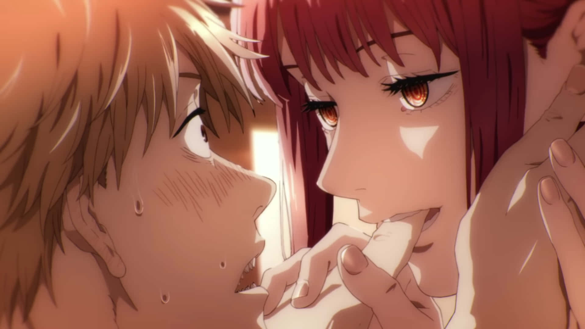 動漫角色 桌布 壁紙 — 親密動畫特寫，紅髮女子輕咬男子的手指，而他淚流滿面地抬頭看著她。