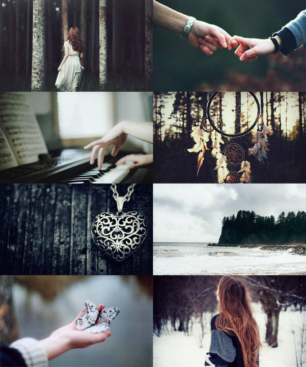 Twilight Aesthetic 桌布 壁紙 — 親密時刻的拼貼畫：森林中的女人、牽手、彈鋼琴、捕夢網、華麗的心形吊墜、雪覆蓋的海岸線和手中的蝴蝶。