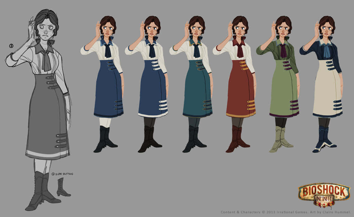 Bioshock Characters 桌布 壁紙 — 角色設計表，展示一位穿著多種顏色制服、姿勢和服裝細節一致的女人。