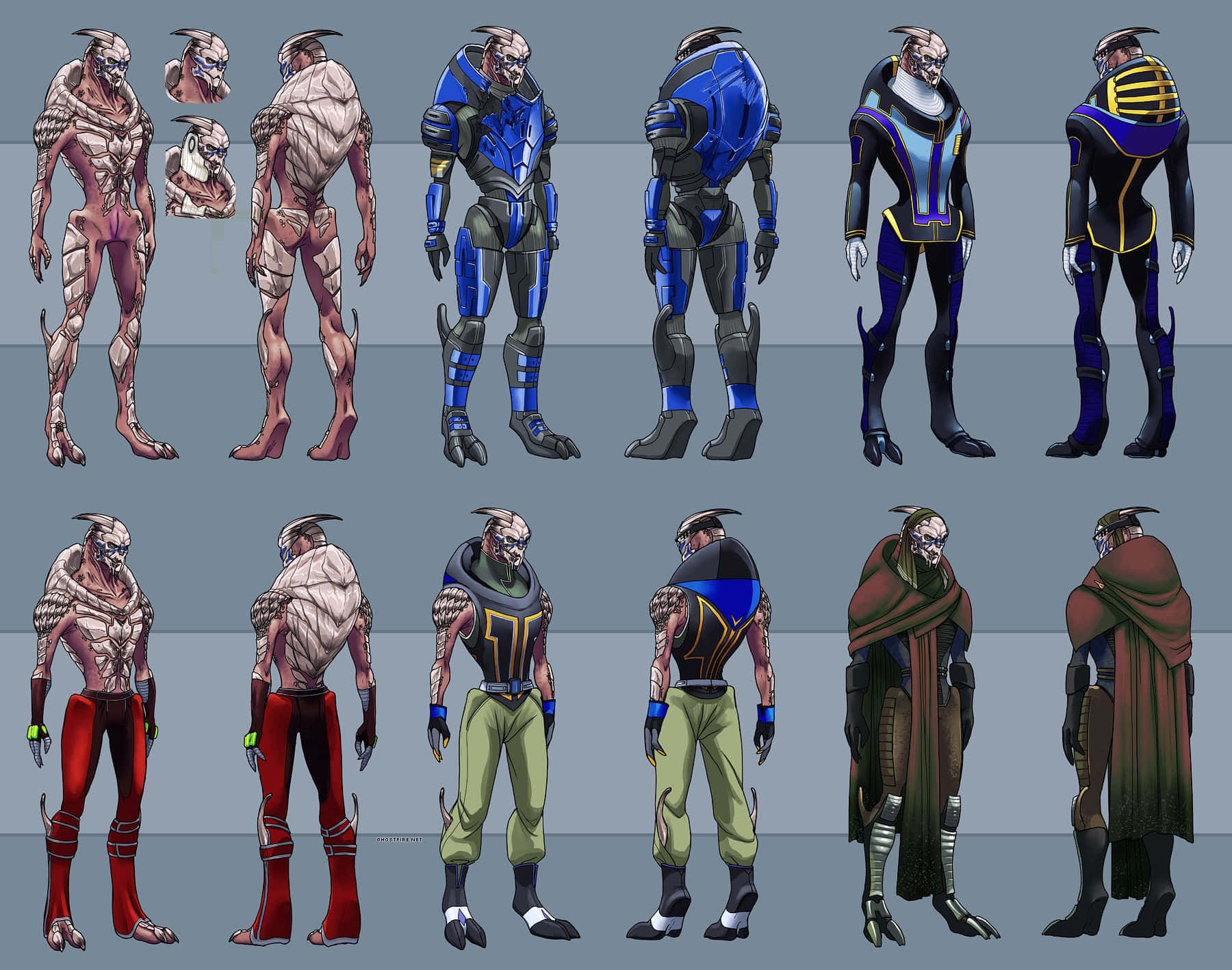 Garrus Vakarian 桌布 壁紙 — 角色設計表，展示十種不同服裝的角外星人變體，從裸露皮膚到裝甲服。