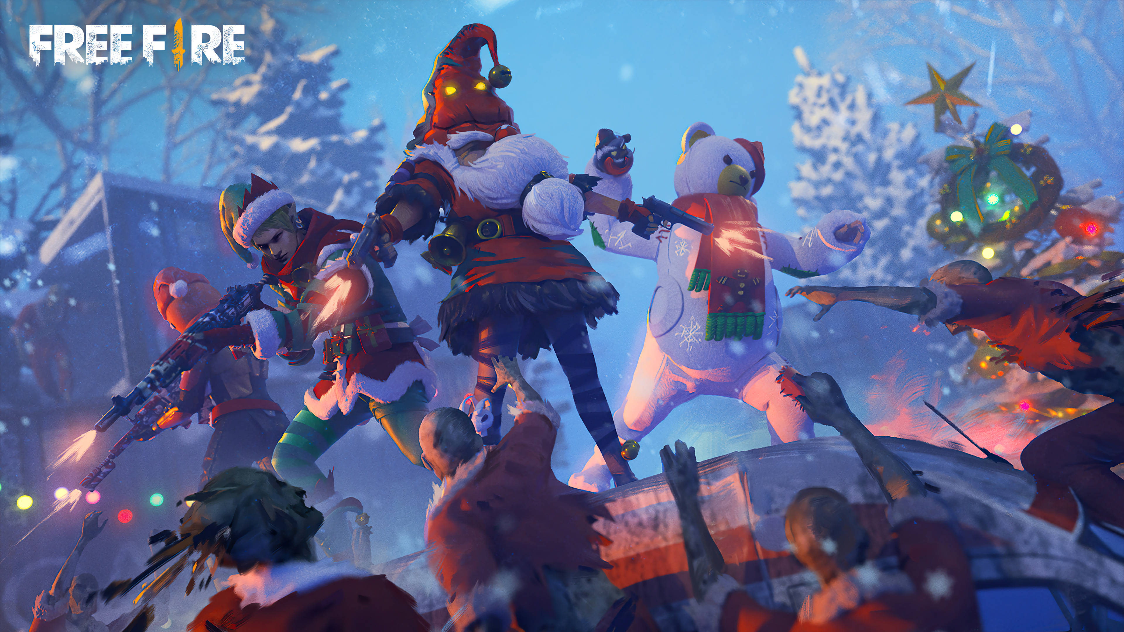 free fire bundle 桌布 壁紙 — 角色身穿節日服裝，在閃爍燈光和飄雪中，於雪地聖誕場景與殭屍戰鬥。