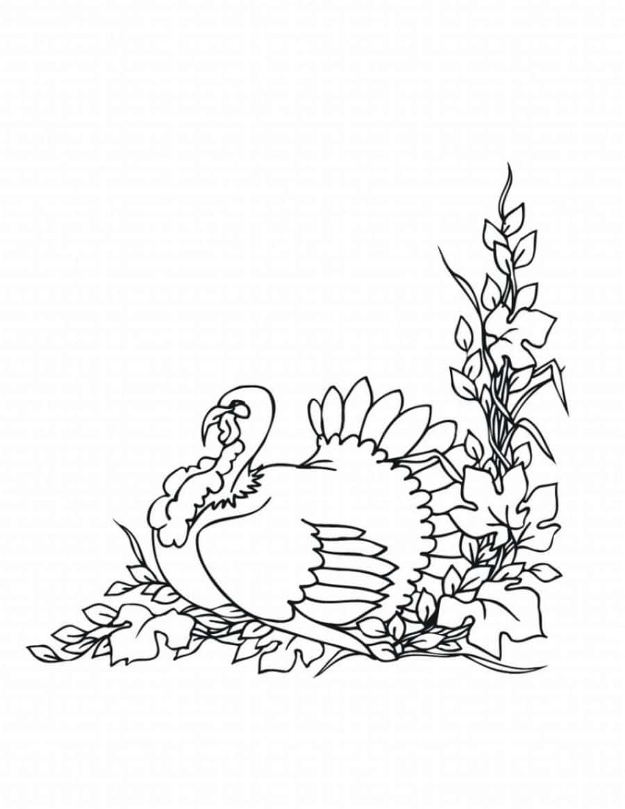 Thanksgiving Coloring 桌布 壁紙 — 角落中一隻火雞依偎在茂密藤蔓和花朵之間的黑白線條畫。