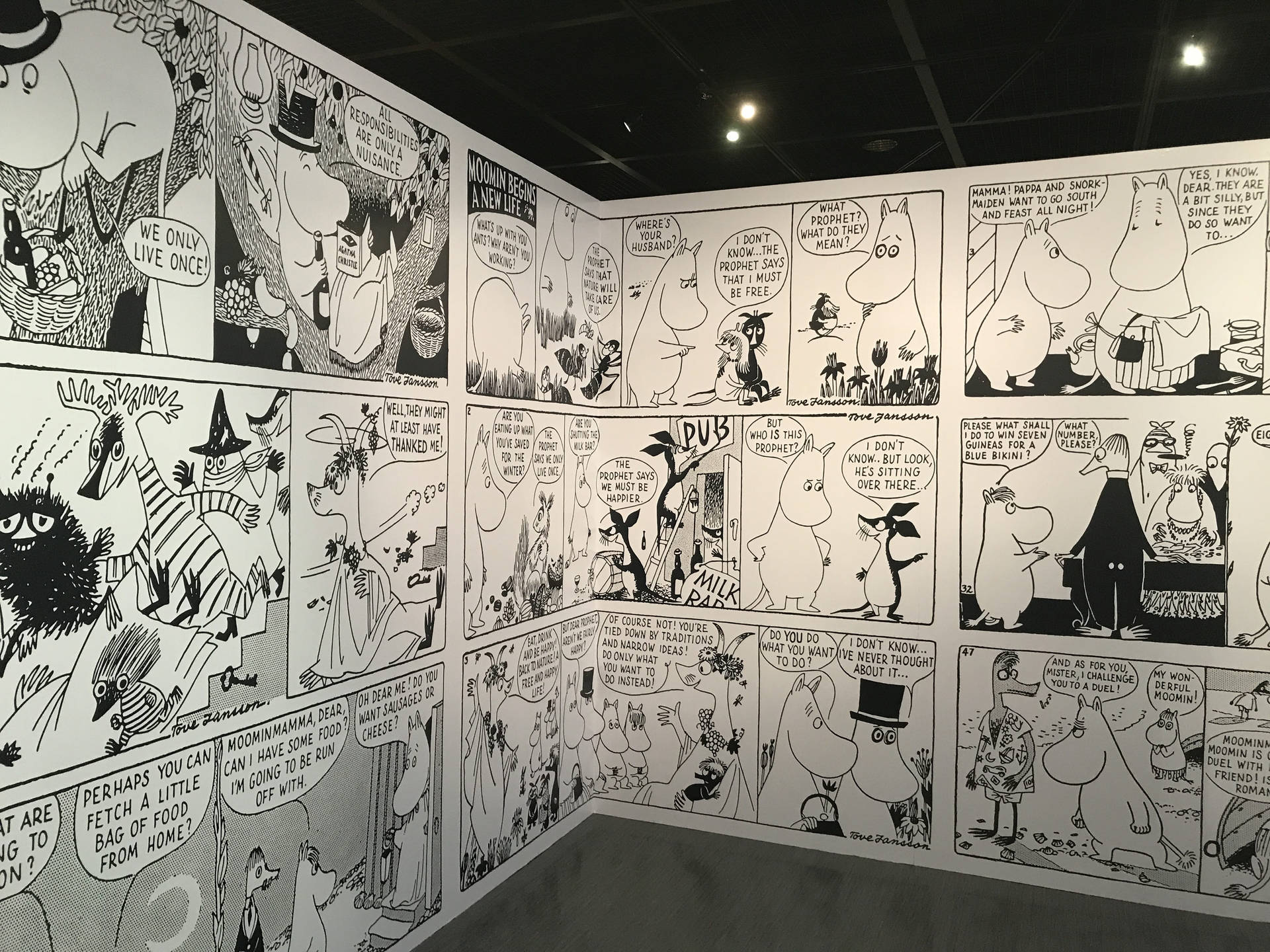 Gallery 桌布 壁紙 — 角落畫廊牆上覆蓋著黑白姆明漫畫面板，帶有對話氣泡和奇特的角色。
