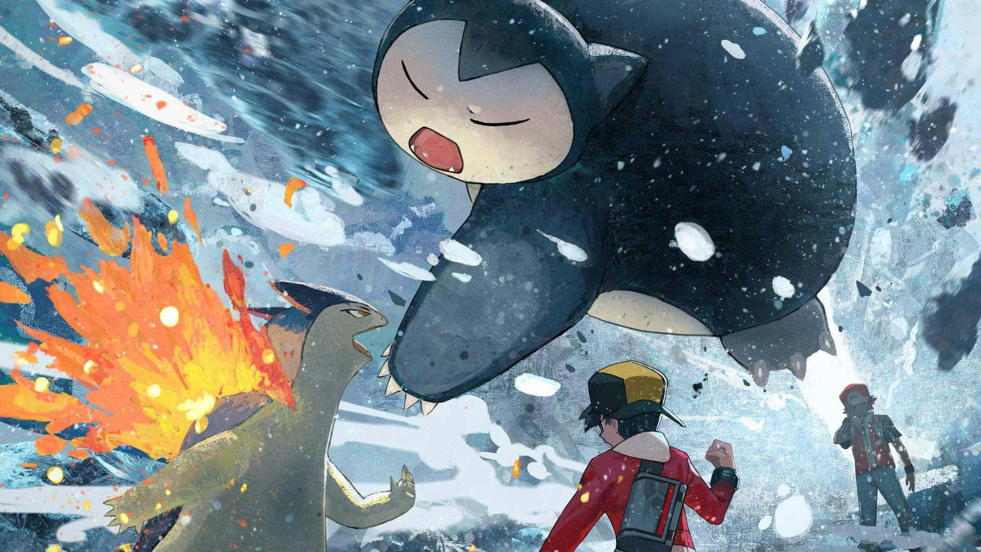  壁紙 — 訓練家在一個下雪、混亂的動畫場景中，與一隻火屬性的寶可夢對抗一隻巨大的沉睡寶可夢。