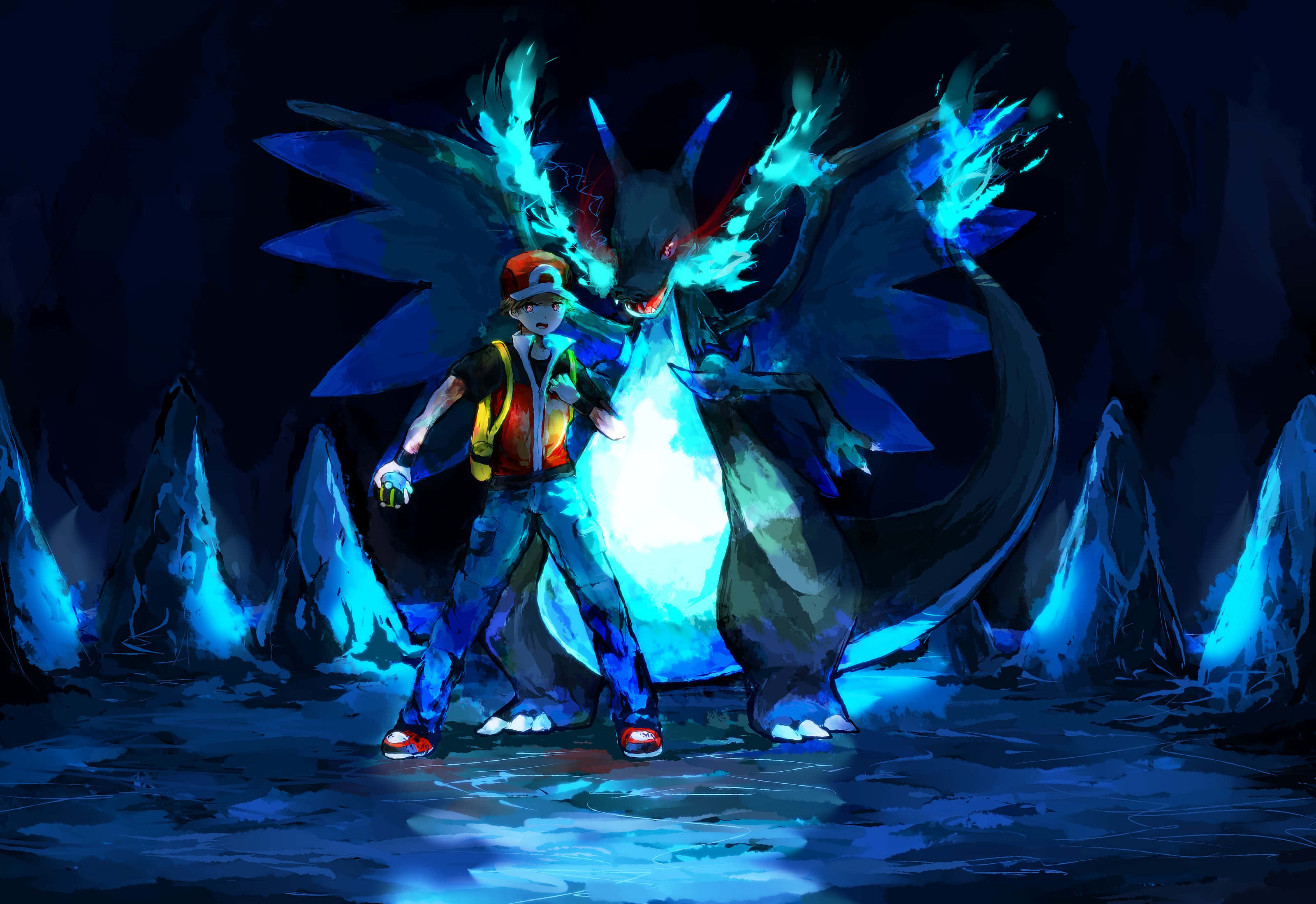 Pokemon Charizard 桌布 壁紙 — 訓練師自信地站在一條發光藍龍旁邊，身處黑暗冰洞，四周有尖峰聳立。