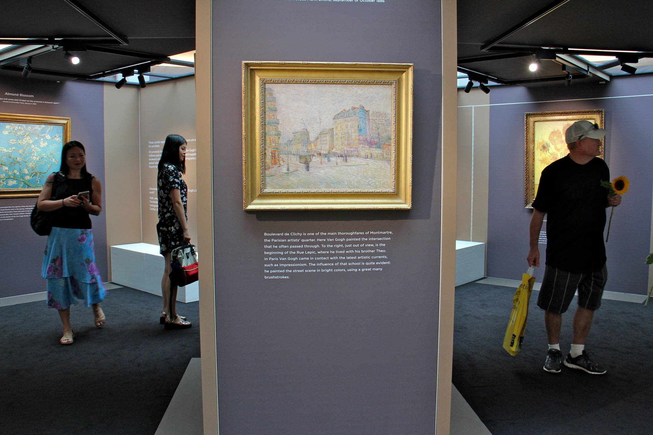 Museum 桌布 壁紙 — 訪客在現代藝術畫廊中漫步，欣賞紫色牆壁上聚光燈下的裱框畫作。