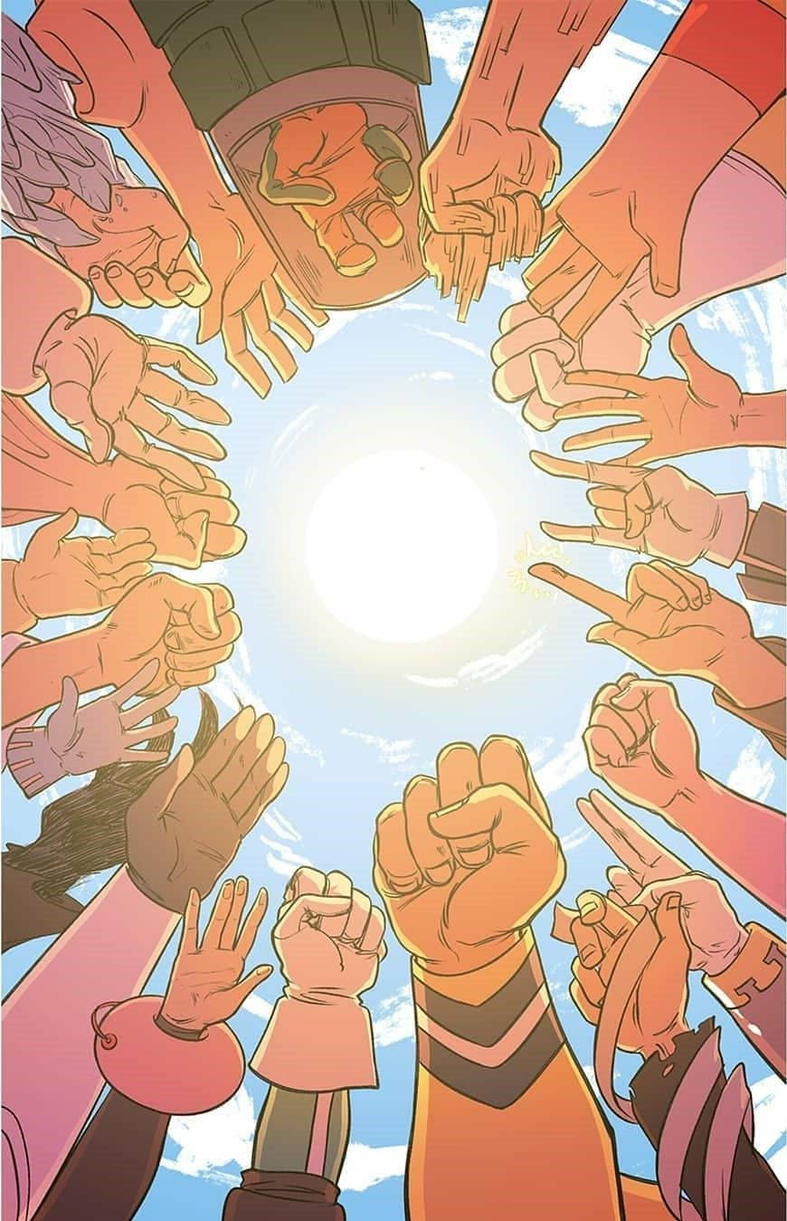 Mha 桌布 壁紙 — 許多不同的手向上伸展成一個圓圈，朝向藍天中的明亮太陽。