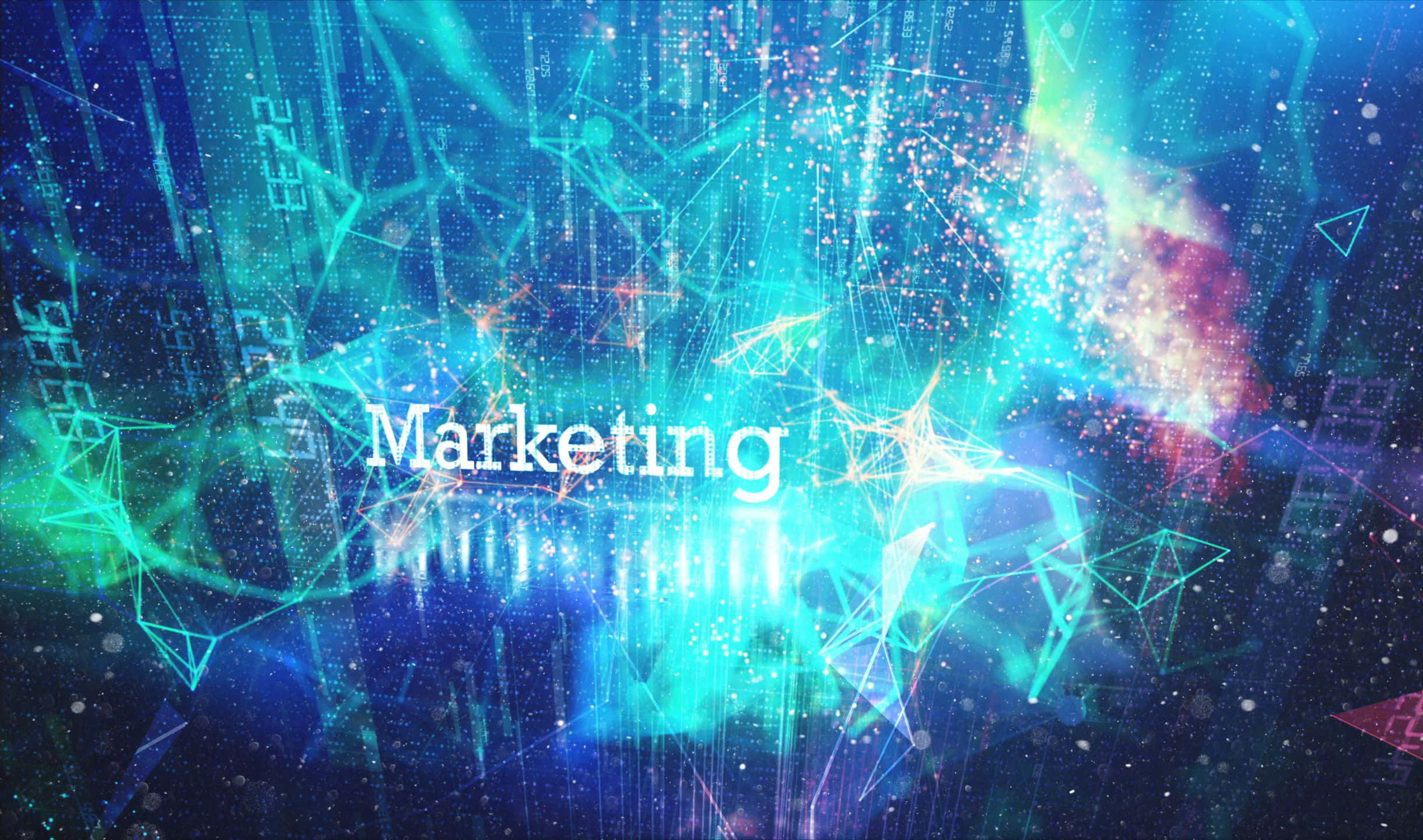 程式設計 桌布 壁紙 — 詞語 marketing 在充滿活力的數位背景上以白色發光，背景由發光的藍綠色三角形和粒子效果組成。