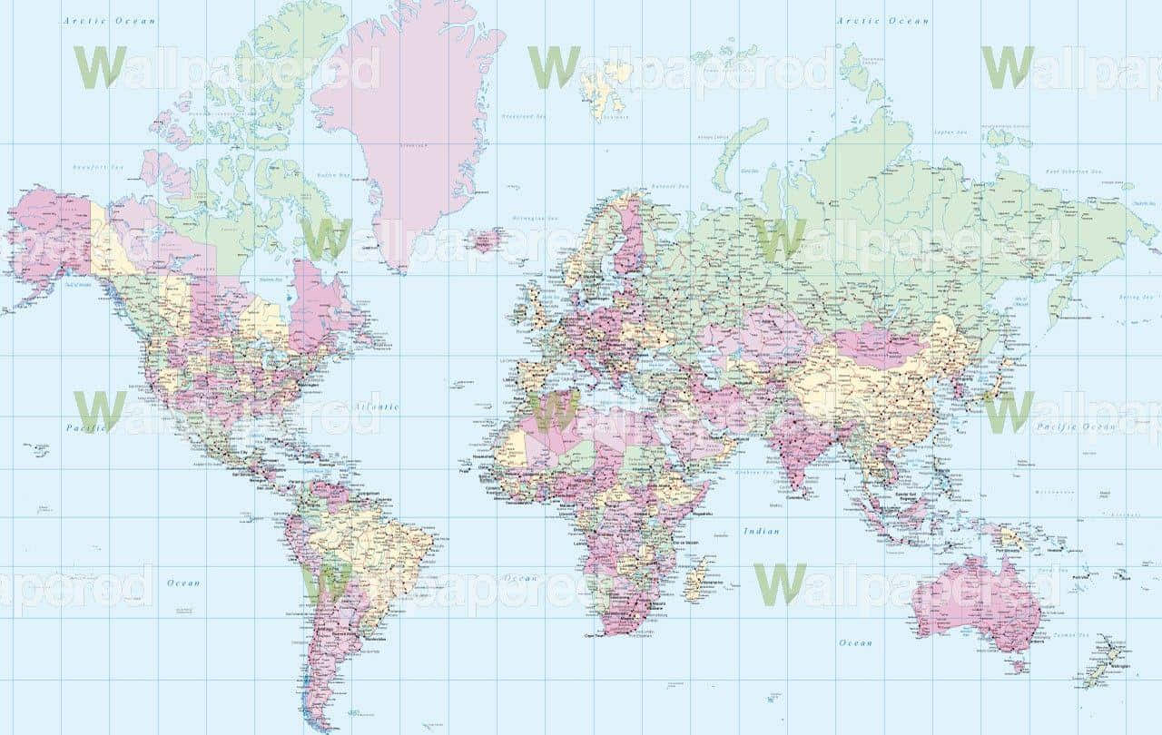 World Map Aesthetic 桌布 壁紙 — 詳細世界地圖，以粉彩粉紅、綠色和米色大陸為特色，背景為淺藍色海洋網格。