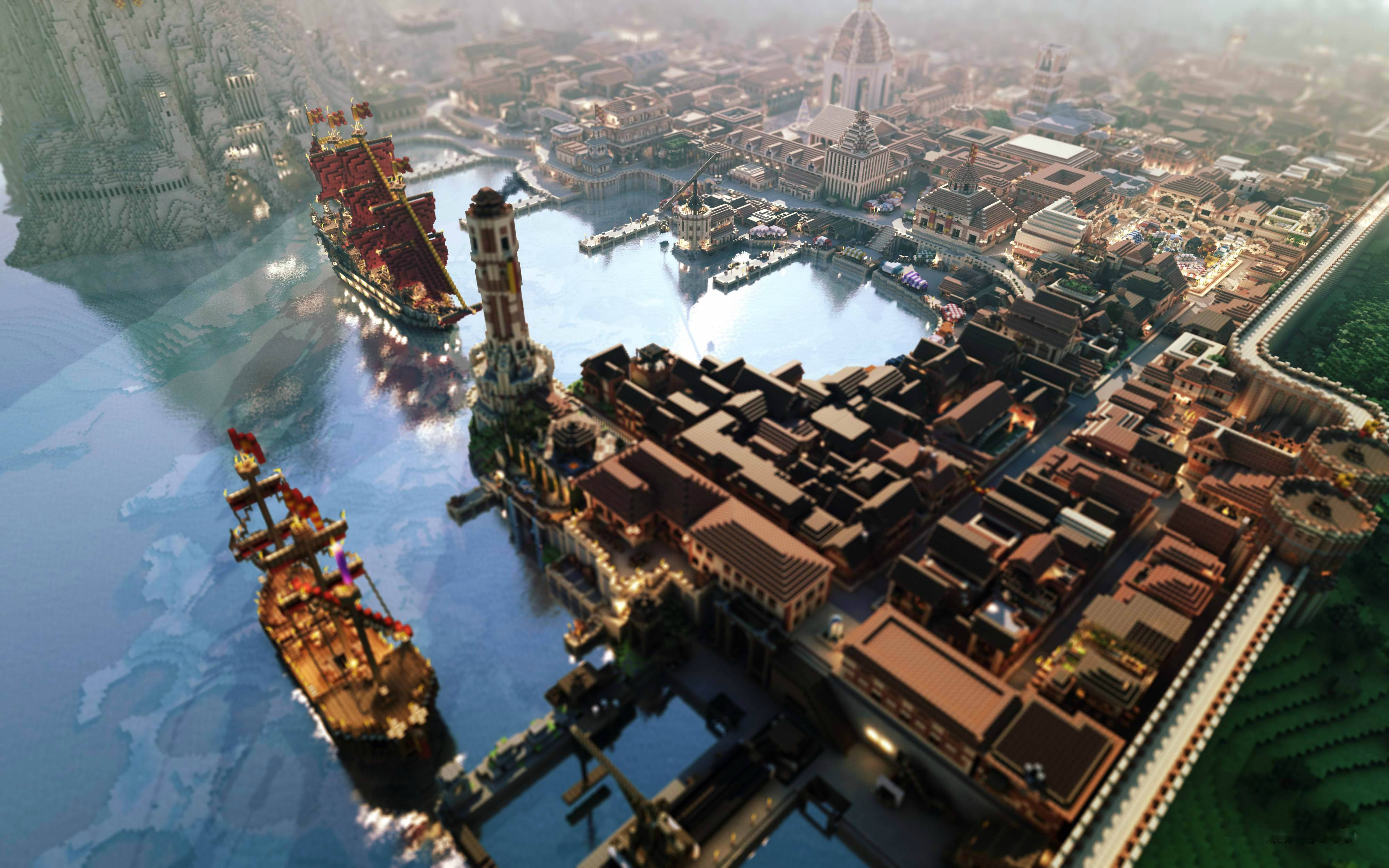 4K Minecraft 壁紙 桌布 壁紙 — 詳細奇幻沿海城市的鳥瞰圖，中世紀船隻停泊在港口，周圍環繞著高聳的懸崖和圓頂建築。