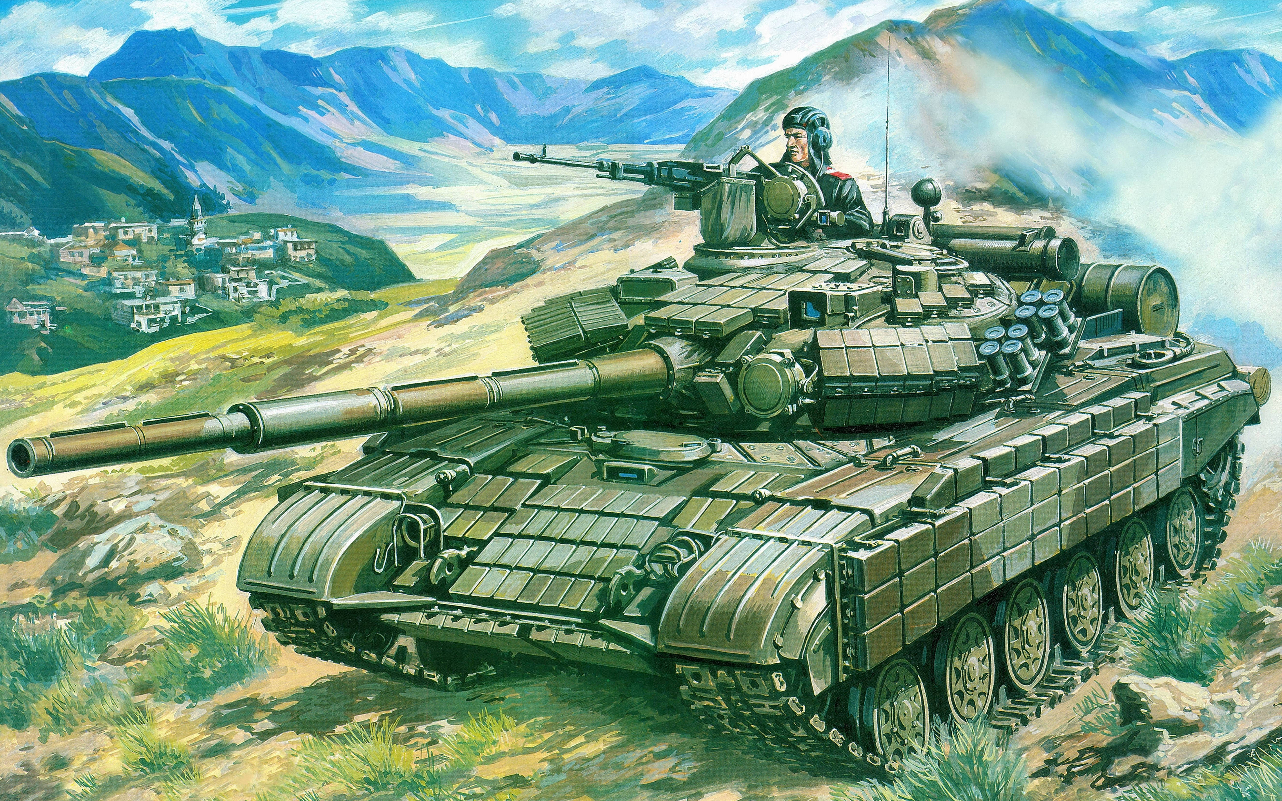 Tanks 桌布 壁紙 — 詳細插圖，描繪一輛軍用坦克，砲塔內有一名士兵，位於草坡上，俯瞰山谷城鎮和遠山。
