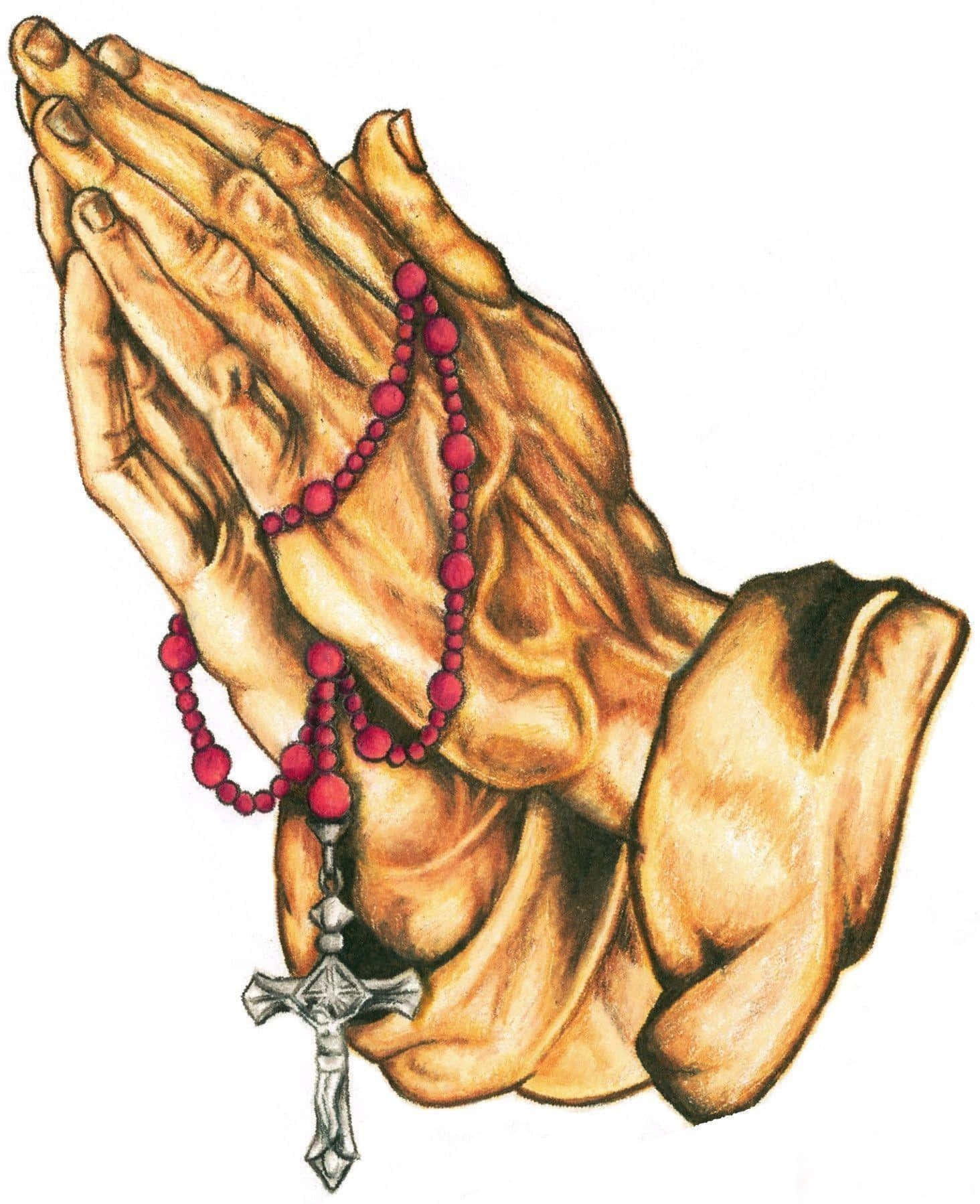 Praying Hands 桌布 壁紙 — 詳細插圖，描繪緊握的雙手拿著帶有銀色十字架的紅色玫瑰經，背景為純白色。